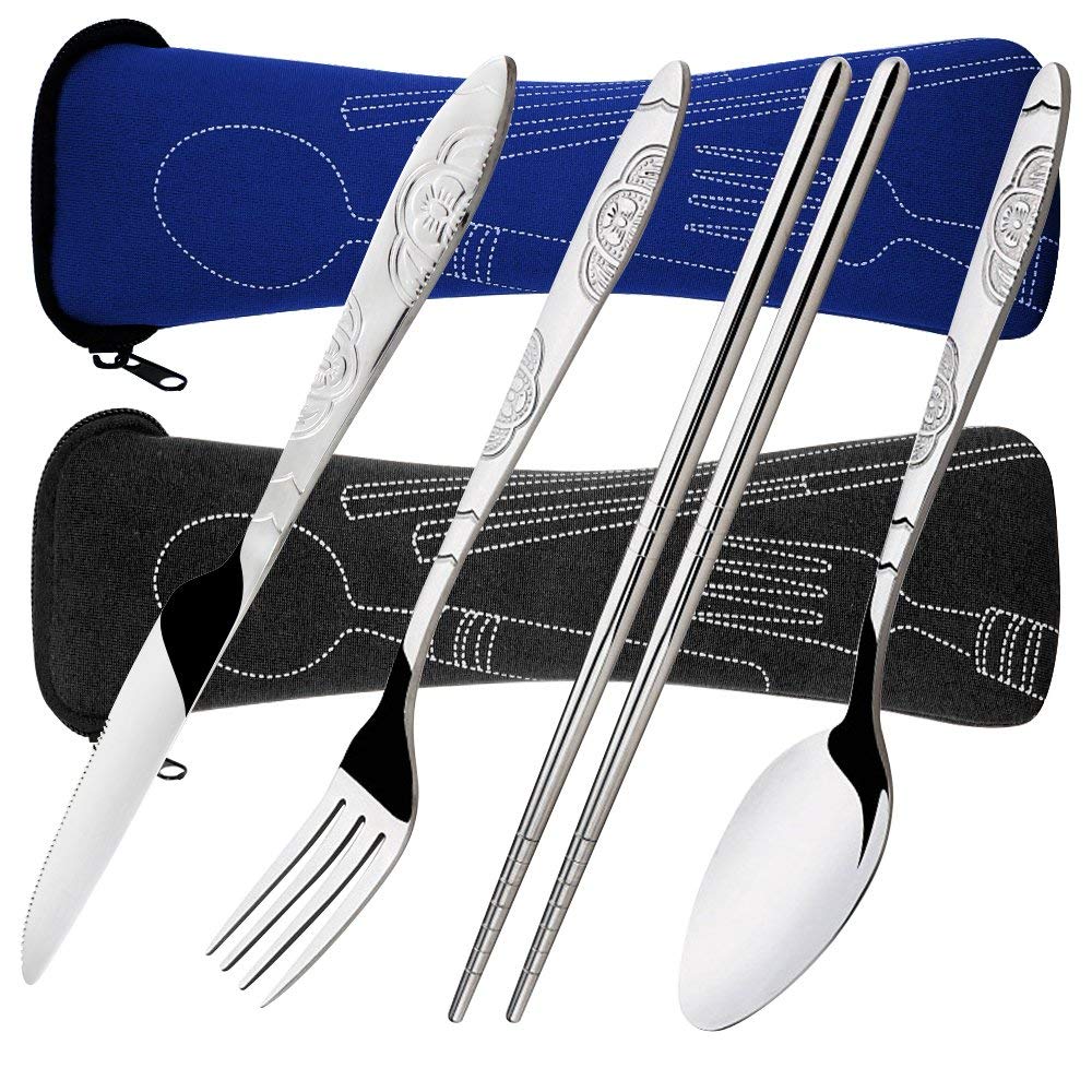 X spring Travel Utensil Set, 8 Pieces Child Stainless Steel Flatware Set, 2 Pack Rustproof Stainless Steel Tableware Dinnerware with Carrying Case for Traveling Camping Picnic Working Hiking
