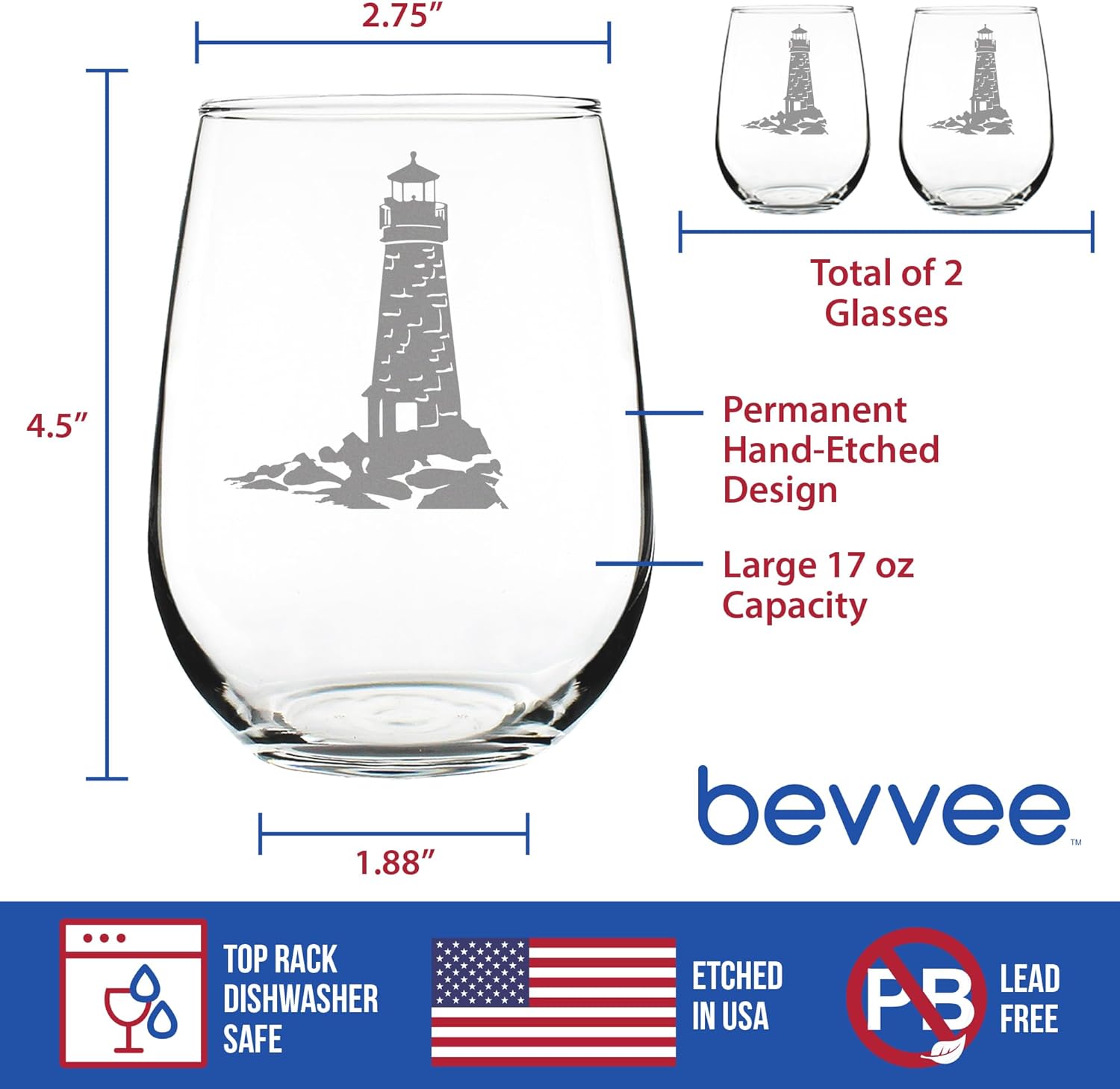 Bevvee Lighthouse - Stemless Wine Glasses - Set of 2 - Nautical Themed Decor and Gifts for Beach Lovers - Large 17 Ounce