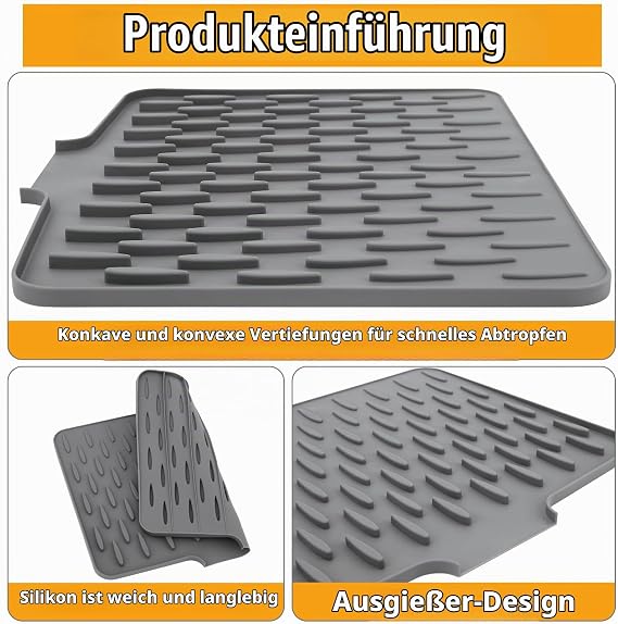 Dish Drying Mat Sink Silicone Non-Slip Mat & Heat Resistant Foldable Drying Mat with Groove Structure for Kitchen Worktops and Kitchen Sink