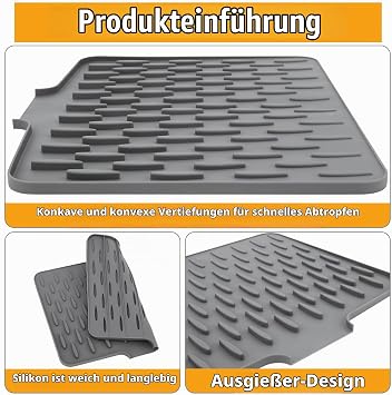 Dish Drying Mat Sink Silicone Non-Slip Mat & Heat Resistant Foldable Drying Mat with Groove Structure for Kitchen Worktops and Kitchen Sink
