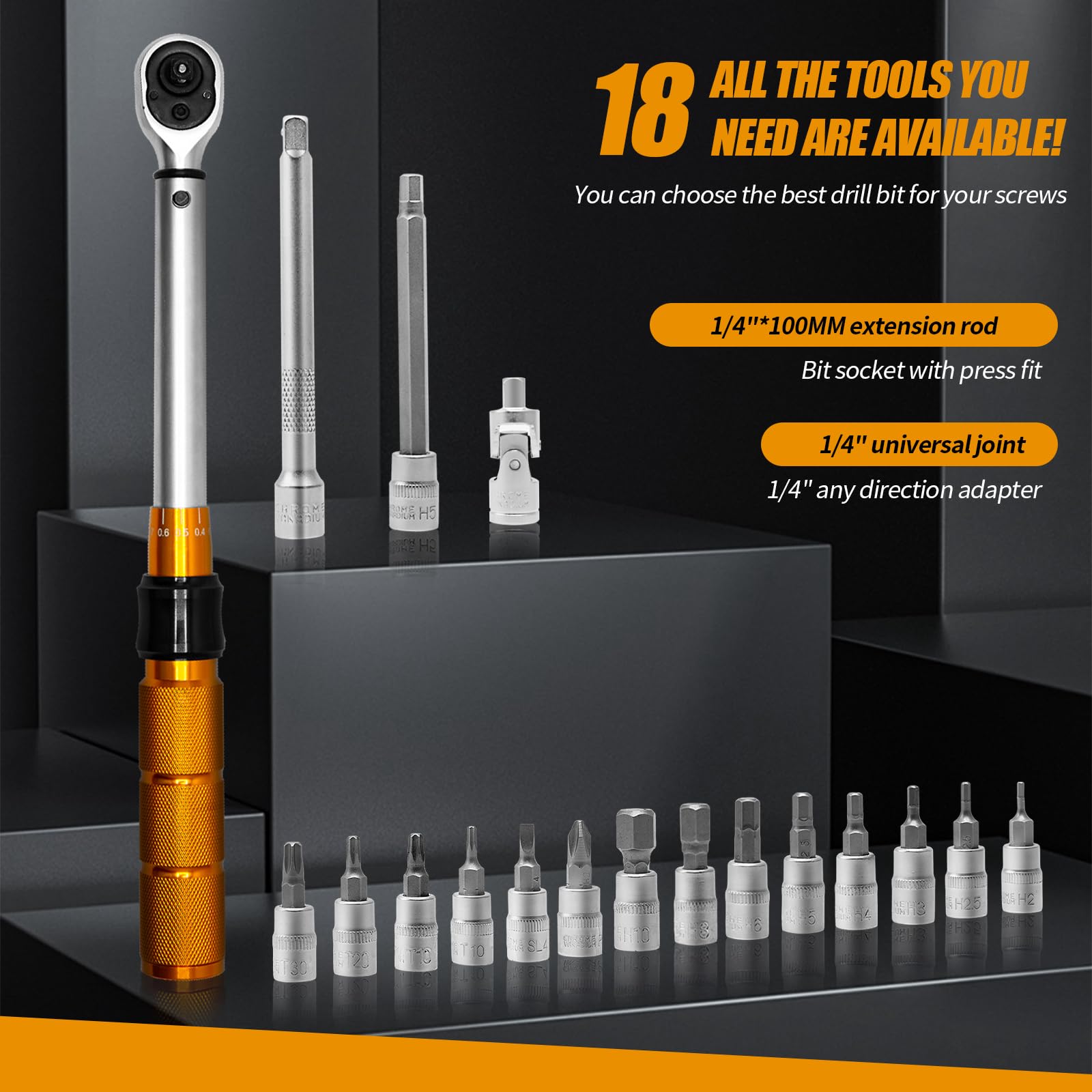 CCLIFE Llave Dinamométrica 1/4'', 1-25 Nm Llave de Torque, Kit de mantenimiento de 19 piezas para bicicletas y motocicletas, con 1/4'' CRV Hex y Torx Bits, Junta Universal, 100m Barra de Extensión