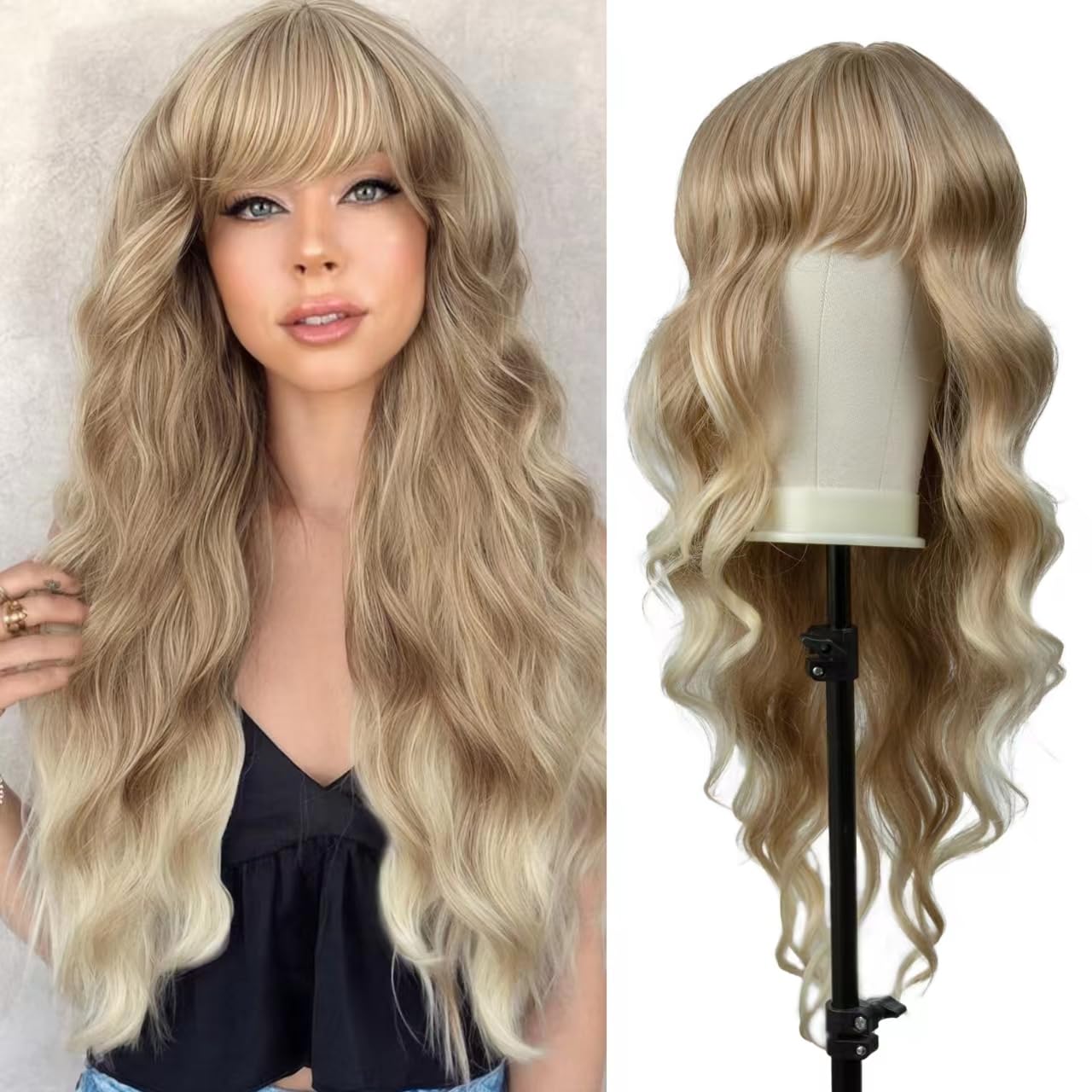 Qingchuang Blonde Wig With Bangs 26 Inch Long Curly Wavy Wig for Women Ombre Blonde Wigs with Bangs Natural Looking Heat Resistant Synthetic Wigs for