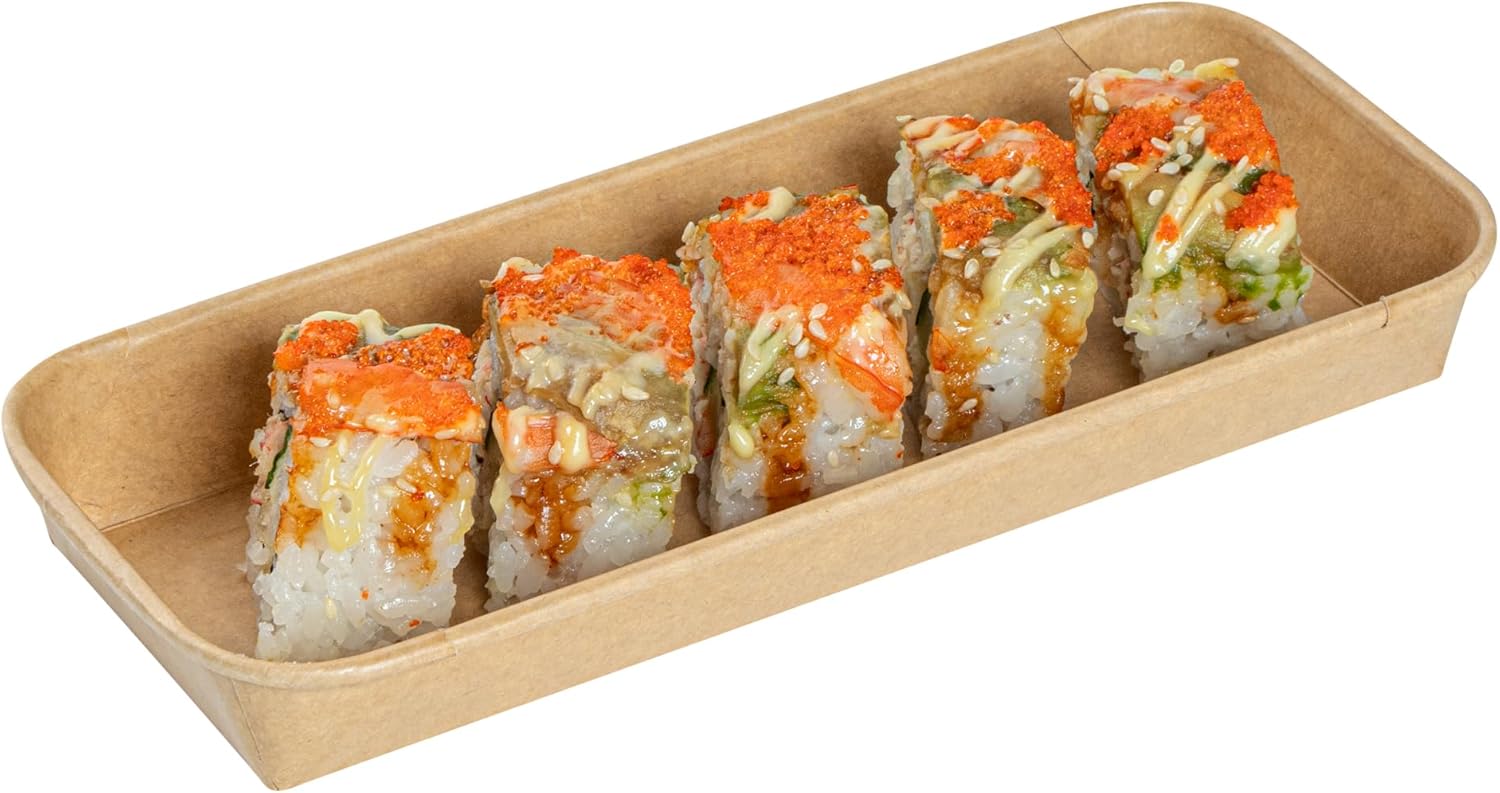 Restaurantware-Matsuri Vision 8.7 x 3.6 x 0.9 Inch Sushi Trays, 100 Greaseproof Sushi Packaging Boxes - Lids Sold Separately, Disposable, Kraft Paper Take Out Containers, For Appetizers Or Desserts