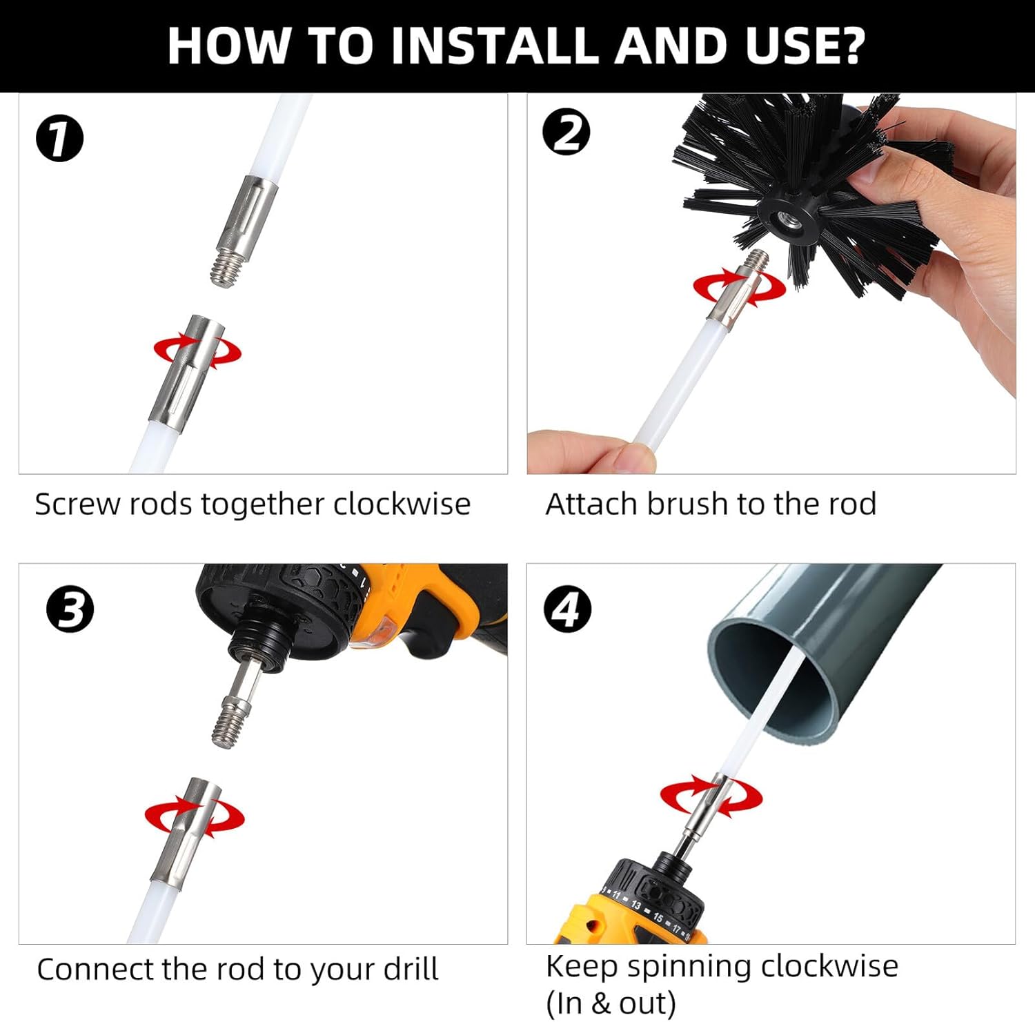 LALAFINA 15ft Chimney Sweep Brush Kit with 4-inch Vent Brush Head, Flexible Rods, Hex Connector, and Pipe Cleaning Accessories for Fireplace and Dryer Vent Maintenance
