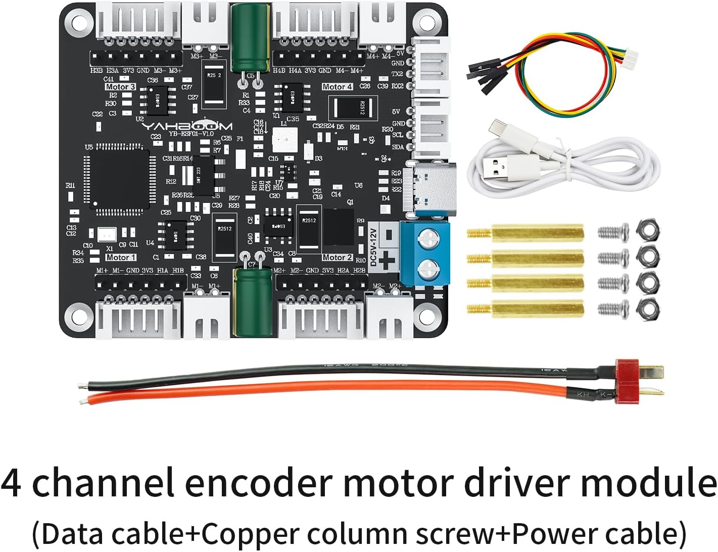 Yahboom 4 Channel Encoder Motor Driver Module with STM32 Co-Processor | I2C/Serial Control for RaspberryPi,Jetson,STM32 | Type-C Support | Robotics & DIY Projects (Module+Power Cable)