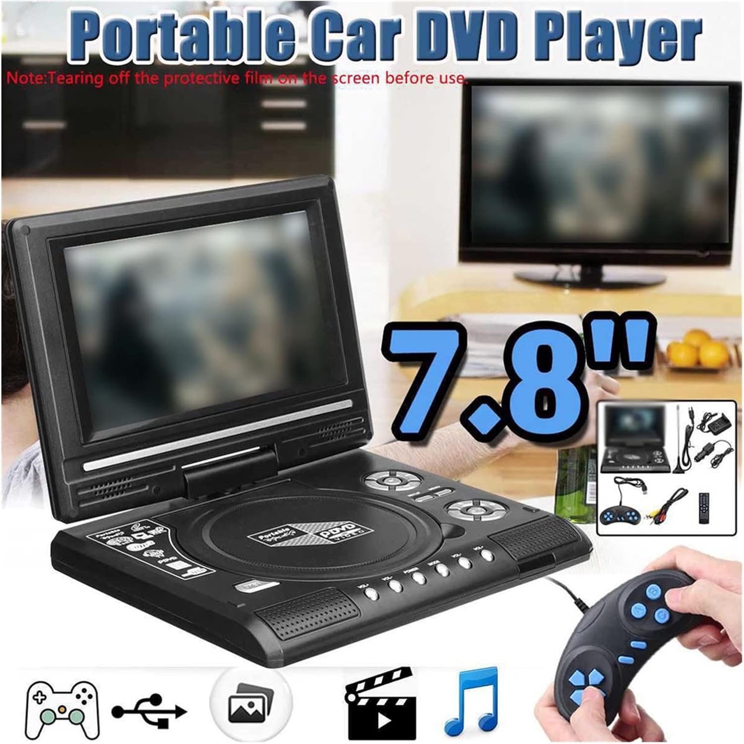 Portable DVD Player 7.8 Inch TV Home Car DVD Player 16:9 Widescreen Portable HD VCD CD MP3 HD DVD Player USB SD Cards RCA Portable Cable Game Mobile DVD Player for Kids