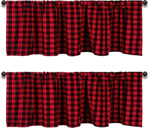 Miniatura 8 de HTFDStar 2 cenefas a cuadros de búfalo, cortinas de ventana a cuadros negros y rojos, cenefas con bolsillo para barra de diseño de granja para