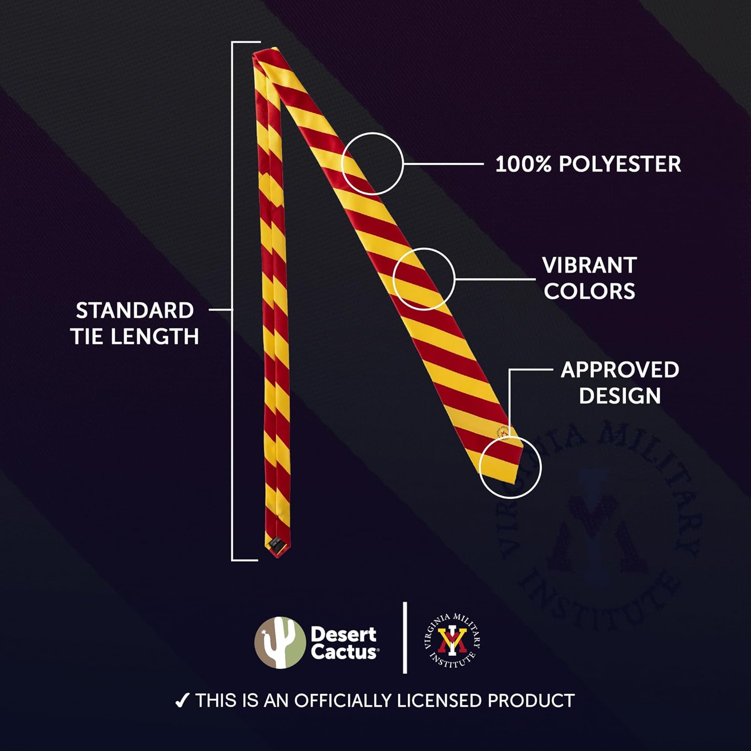 Desert Cactus Virginia Military Institute Neck Tie VMI Keydets 100% Polyester Necktie with Logo, Officially Licensed (Style A)