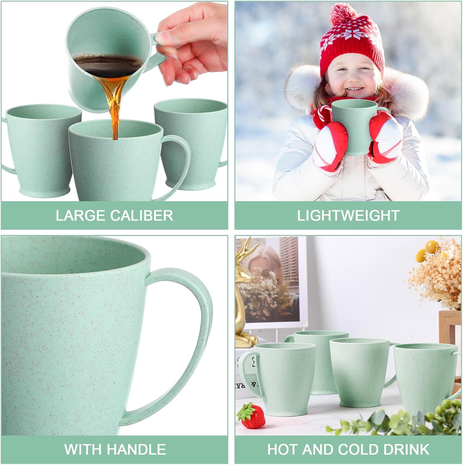 Zopeal 32 Pack Wheat Straw Plastic Coffee Cups Mugs 10 Oz Reusable Plastic Cup Mug with Handle Lightweight Microwavable Dishwasher Safe Unbreakable for Tea Milk Water Juice Coffee (Multicolor)