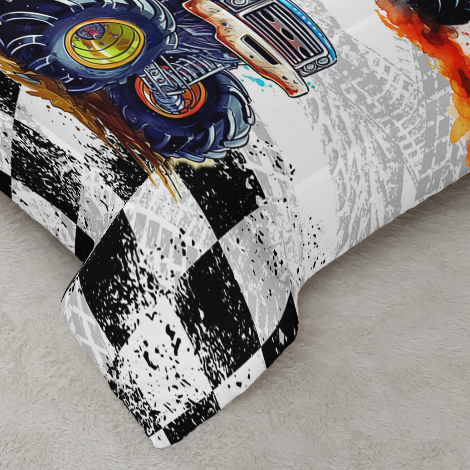 AILONEN 3-Piece Colorful Monster Truck Bedding Set Full Size,Featuring Cartoon Trucks and Checkered Flag Pattern Comforter Set Perfect for Kids Rooms,1 Quilt with 2 Pillowcases,Soft Comfortable