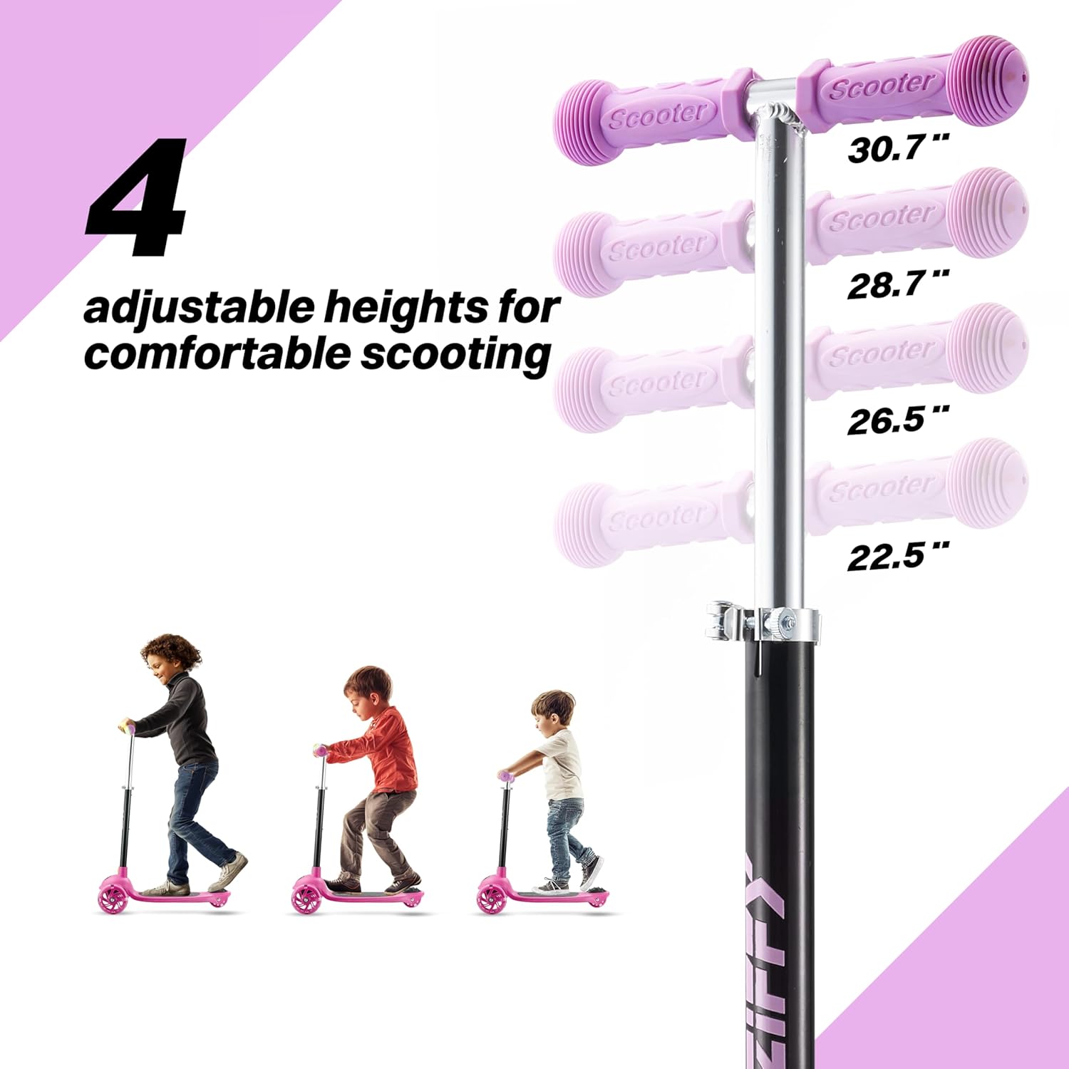 ZIFFY 3 Wheel Scooter for Kids 3-5 and Toddler Bike Helmet Set, Purple LED Light-Up Scooter with 5 Height Adjustments & Protective Helmet with Washable Liner, Purple