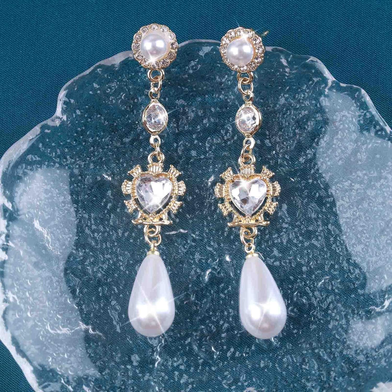 Andelaisi Boho Crystal Heart Pearl Earrings Vintage Pearl Teardrop Dangle Earrings Gold Pearl Stud Earrings Personalized Pearl Long Drop Earrings Jewelry for Women - Image 6