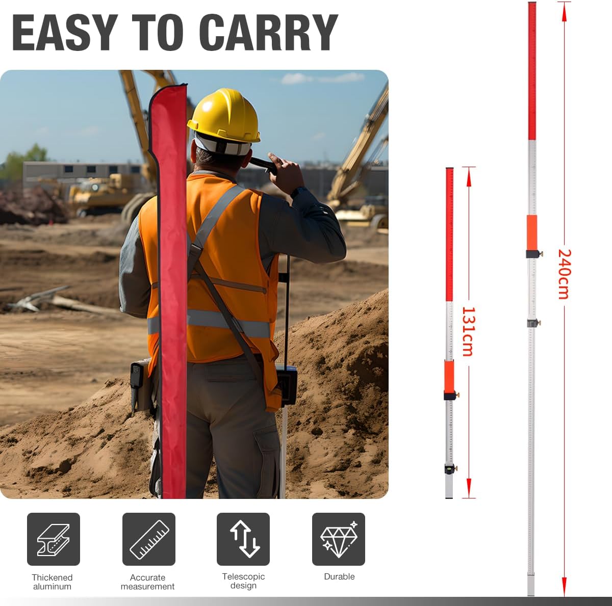 MOETER Laser Grade Rod - 2.4M Aluminum Grade Stick for Rotary Laser Level with Twist Lock, Bubble Level & Carry Bag