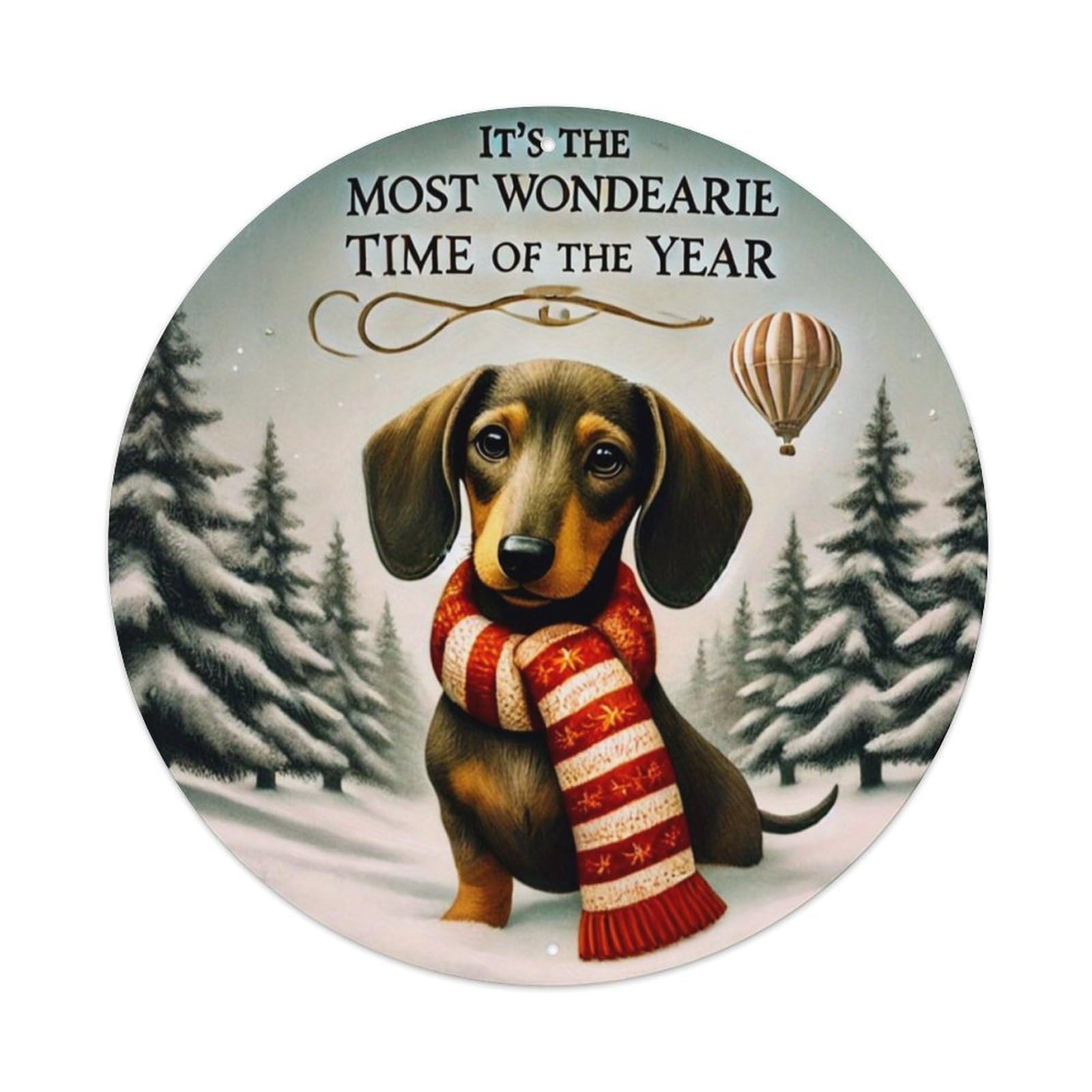 Dachshund Winter Scarf Snow Trees Retro Metal Sign Round Tin Sign, Vintage Decor Art Poster for Bar, Home, Man Cave, Kitchen, Laundry Room Gift 8x8Inch