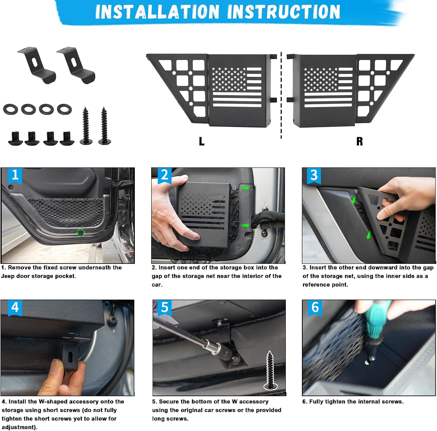 Door Pockets Storage Compatible with 2007-2018 Jeep Wrangler JK JKU 4 Door Metal Side Insert Organizer Box Replace Sagging Net