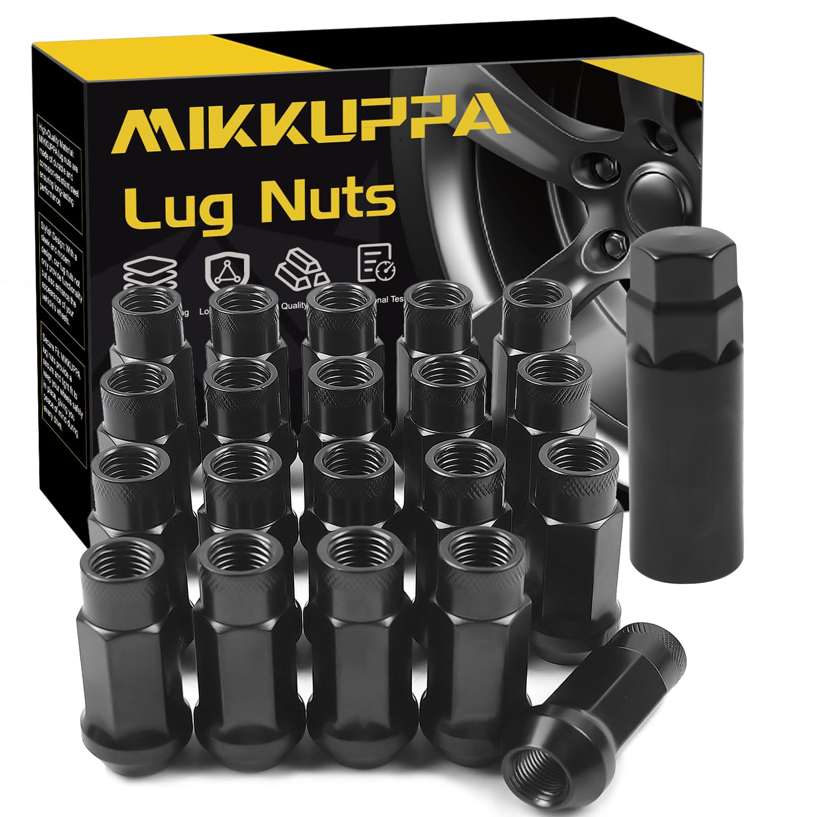 MIKKUPPA 20pcs M12x1.5 Open Lug Nuts - 50mm Height 60 Conical Seat Open End Black Lug Nuts for Aftermarket Wheels with 1 Spline Tool Key