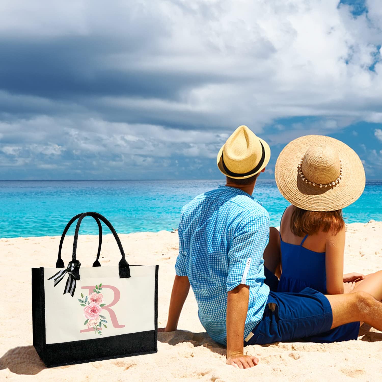 Initial Canvas Tote Bag for Women, Beach Bag with Inner Zipper Pocket Personalized Gifts for Wedding, Birthday | Initial, Personalized Gifts, for Wedding, Birthday - Image 6