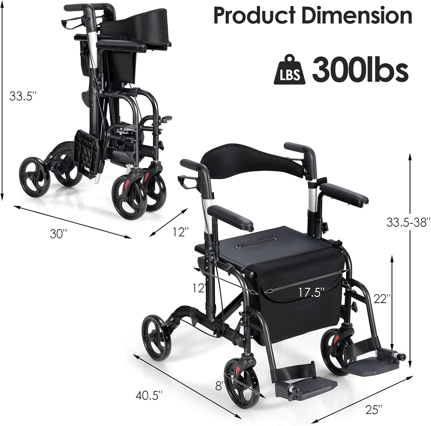 Diagram showing product dimensions and 300lbs weight capacity