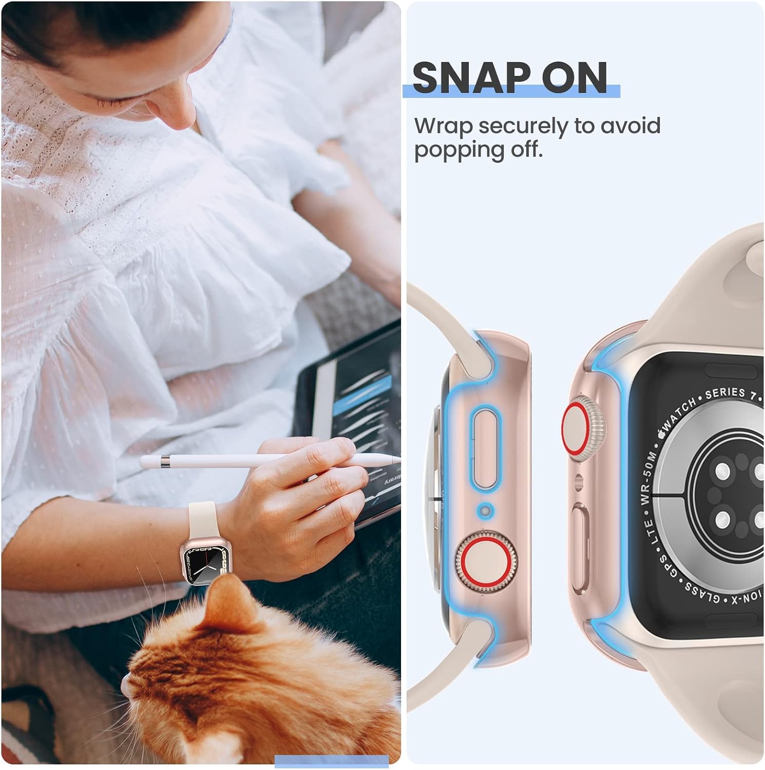 [3Pack] Tensea for Apple Watch Screen Protector Case Series 8 7 45mm, iWatch Protective Face Cover, Tempered Glass Film Hard PC Bumper for Women Men, Ultra-Thin Guard (45 mm, Clear/Silver/Rose Gold)