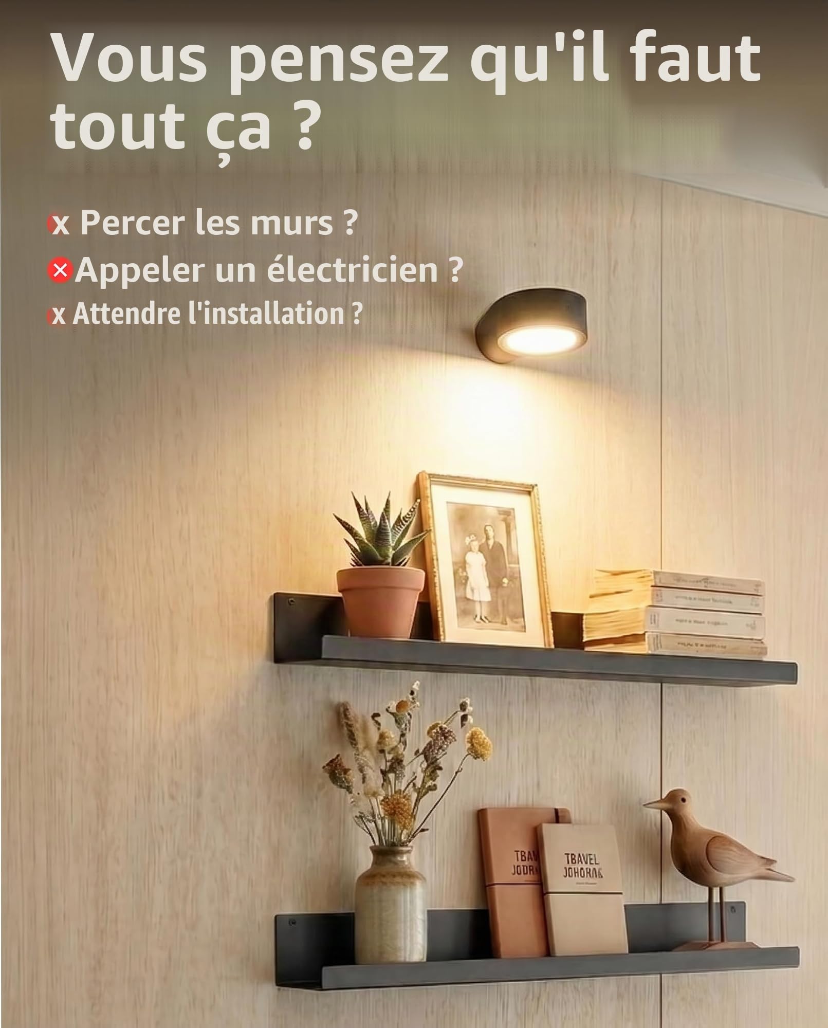 EZVALO Applique Murale Sans Fil Intérieure Rechargeable,5500mAh,LED à Intensité Réglable,3Températures de Couleur,Rotation à 360° et Commande Tactile pour Salon,Chambre,Chevet,Couloir, Noir (2 Pièces)