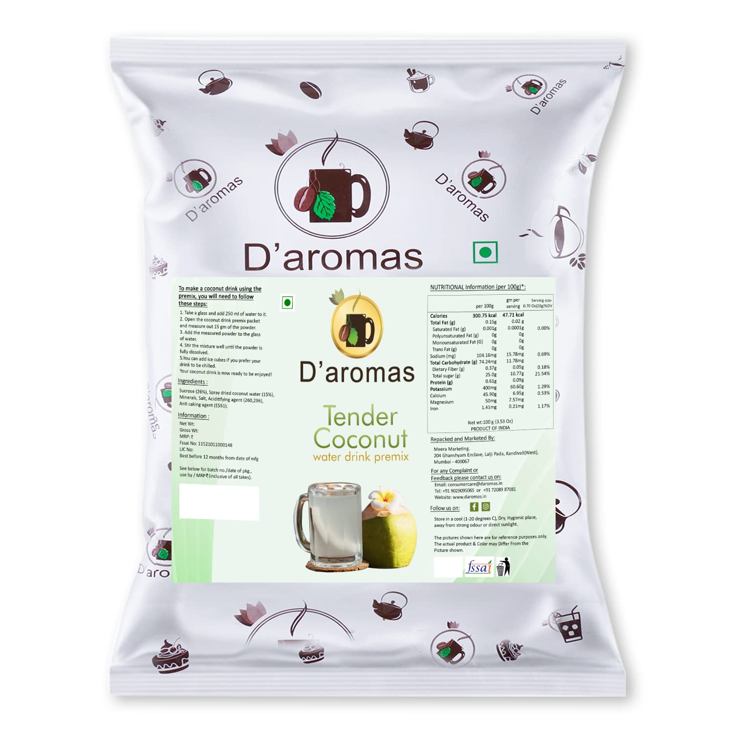 D’aromas Tender Coconut Water Instant Drink Premix | 1kg (500g Each) (Pack of 2) | Refreshing & Rehydrating Nariyal Pani | Ready-to-Serve Beverage Mix for Home, Cafes & Hotels