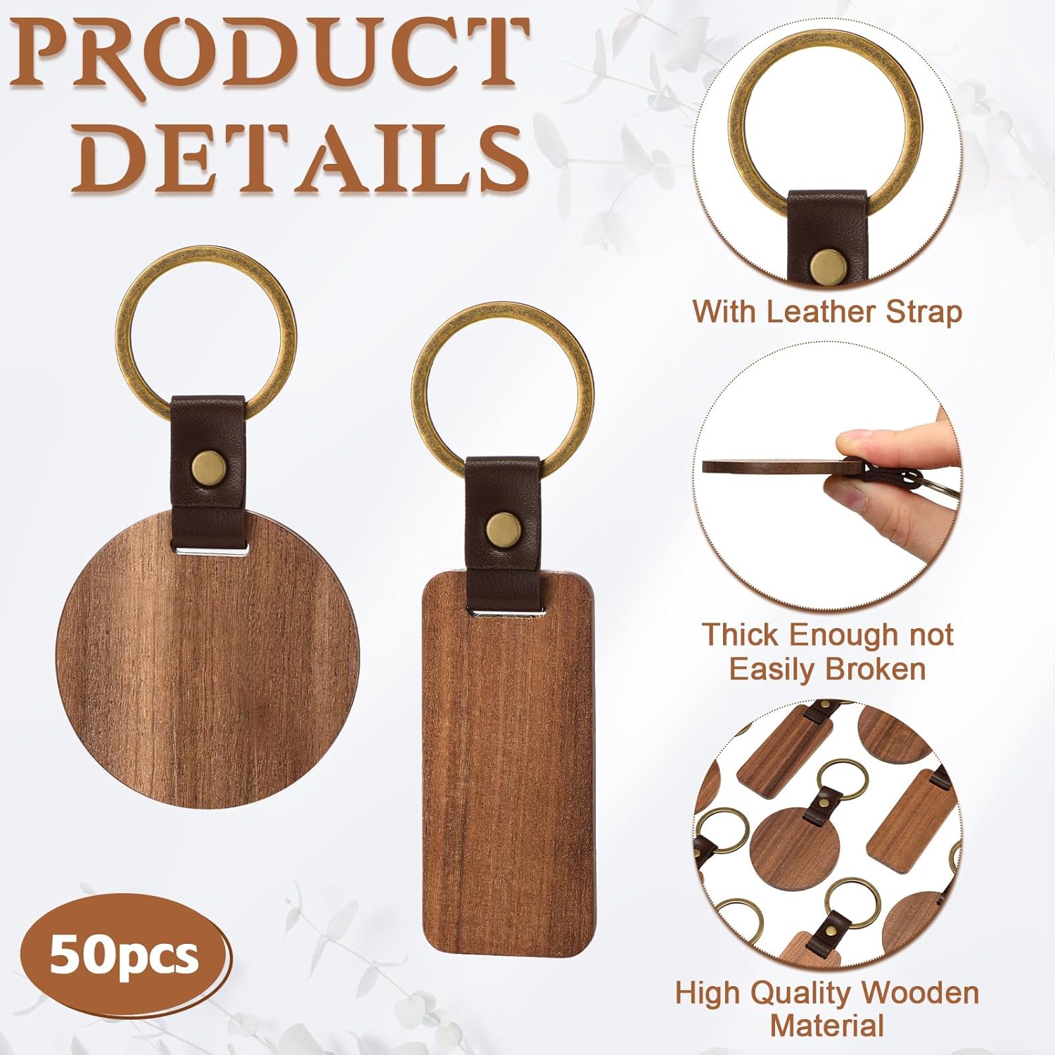 Inbagi 50 Pcs Blank Wooden Keychains Leather Keychains for Engraving Blanks Keychain with Container for Employee Coworker Staff Team Building Group Member DIY Craft Gifts
