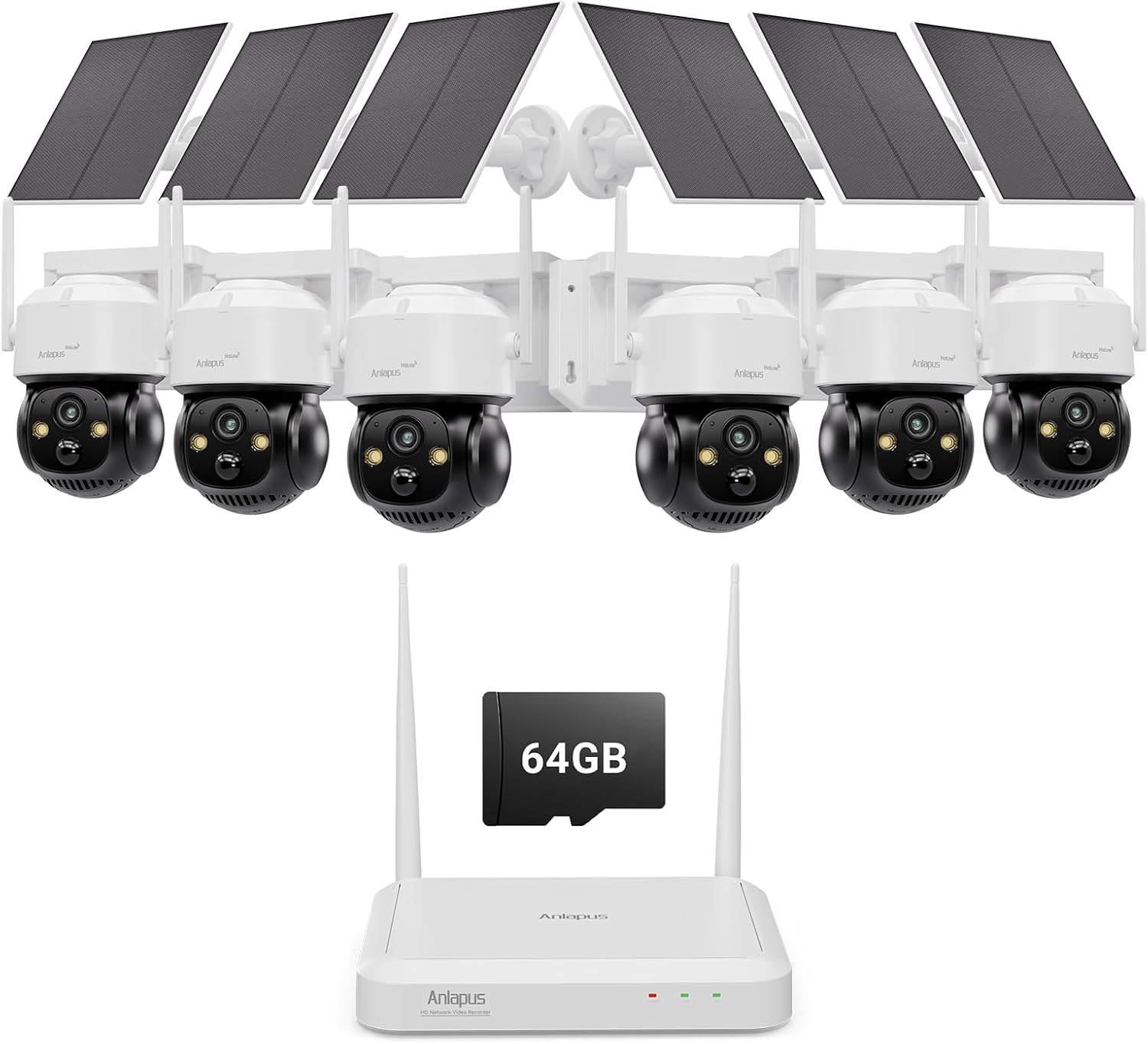 Anlapus Solar Security Camera Wireless Outdoor, 2.5K Pan/Tilt 6-Cam Kit with Solar Panel, Wireless Home Security Camera System with PIR/AI Detect, Color Night Vision, No Monthly Fee, 64GB Memory Card