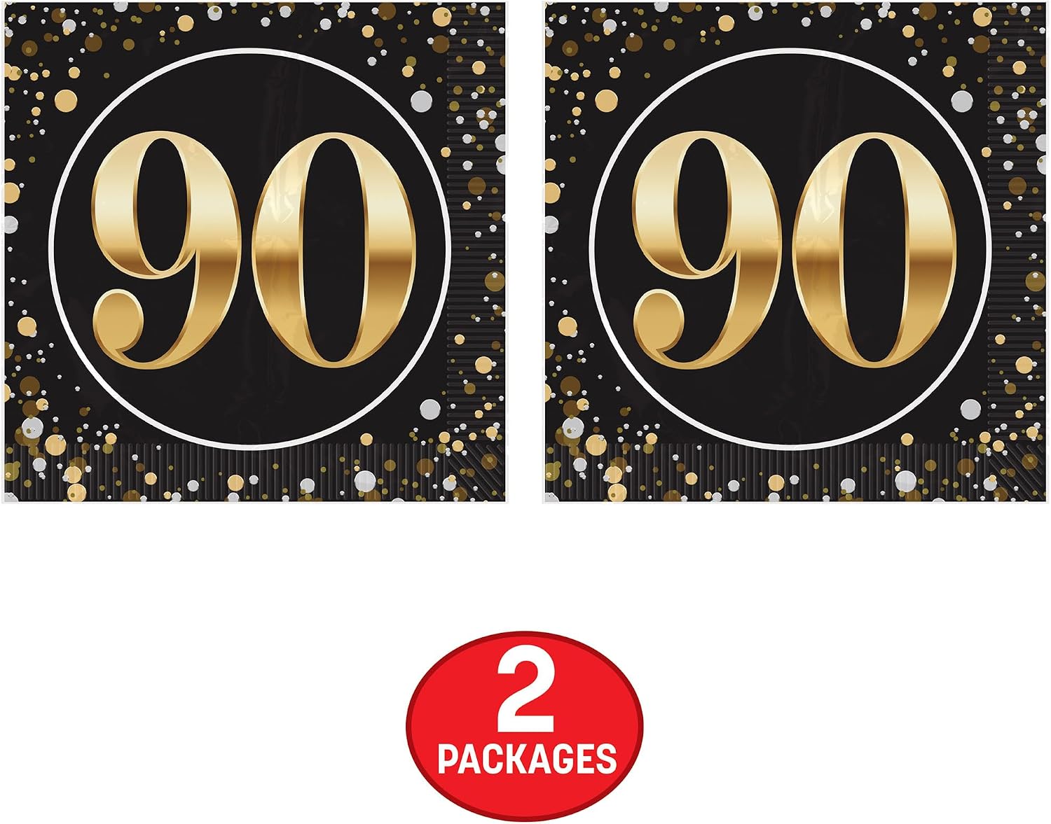 Beistle “90” Beverage Napkins – 32 Pack, Elegant Black and Gold 90th Milestone 2-Ply Paper Cocktail Napkins with Dot Design for Ninetieth Birthday Parties, Anniversaries, Banquets & Celebrations, 5"