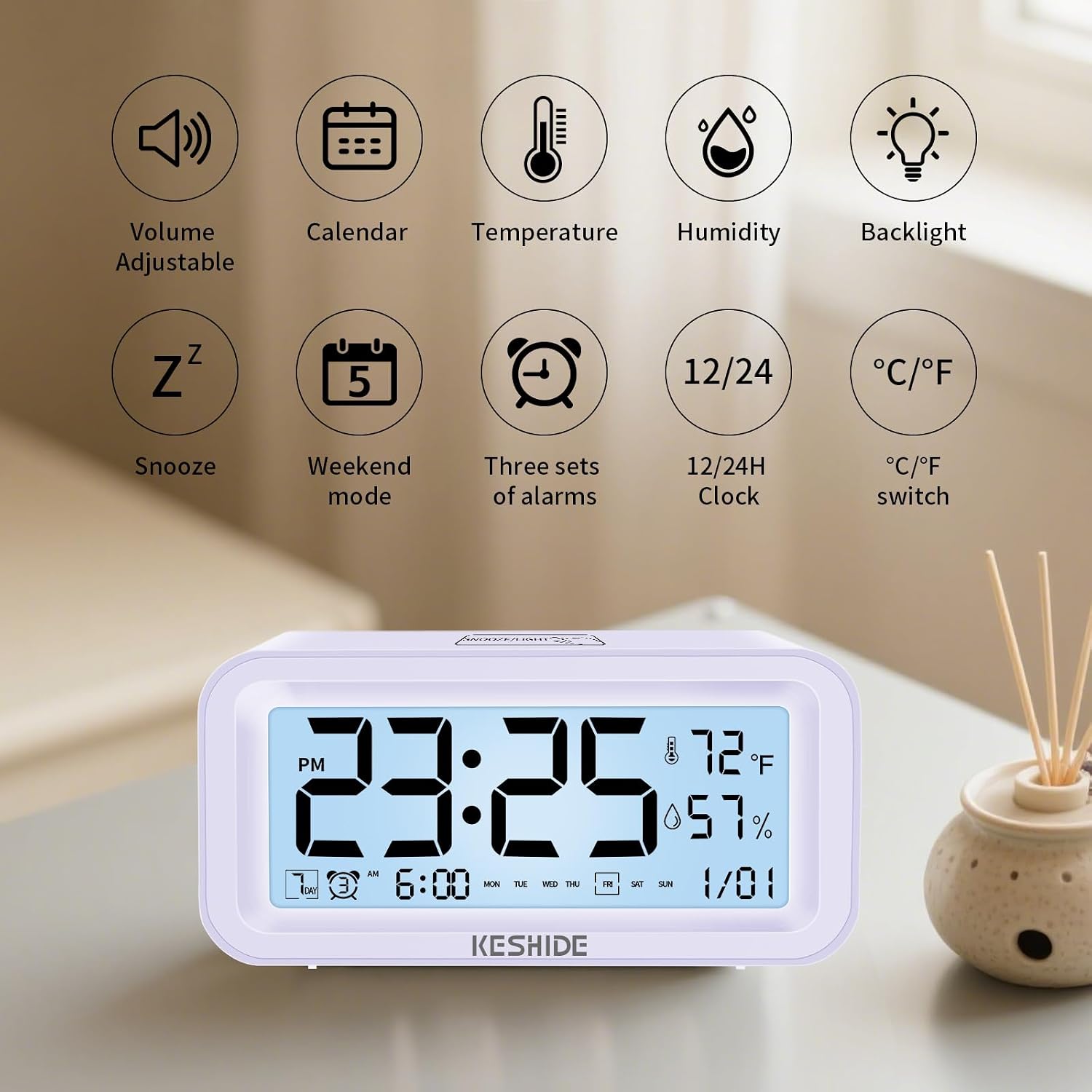 Night Light Digital Alarm Clock Battery Operated with Indoor Temperature Humidity, Desk Small Clock,Snooze Model,12/24H Display for Bedrooms Heavy Sleepers Kids Travel Bathroom (Purple)