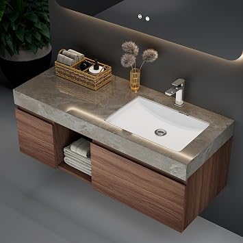 48 Inch Floating Bathroom Vanity with Sink Combo Wall Mounted Bath Vanity Cabinet with Gray Sintered Stone Top, Ceramic Undermount Basin, Walnut Solid Wood, 2 Drawers + Open Shelf, Modern Farmhouse