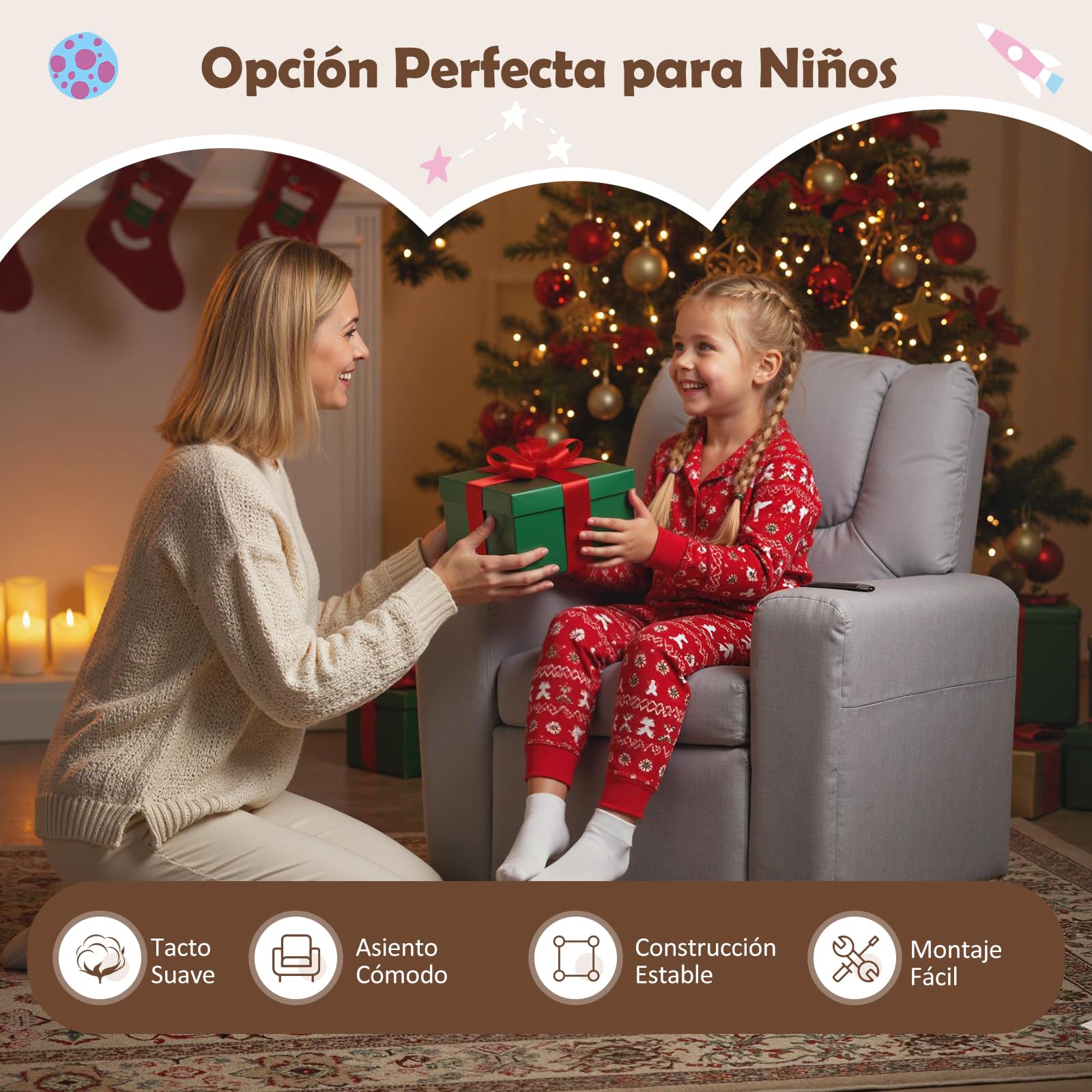 GOPLUS Sillón Reclinable Infantil con Portavasos, Silla Reclinable de Tela de Terciopelo con Respaldo y Reposapiés Ajustables, Cojín de Asiento con Resortes, Sofá para Niños de 3+ Años (Gris)