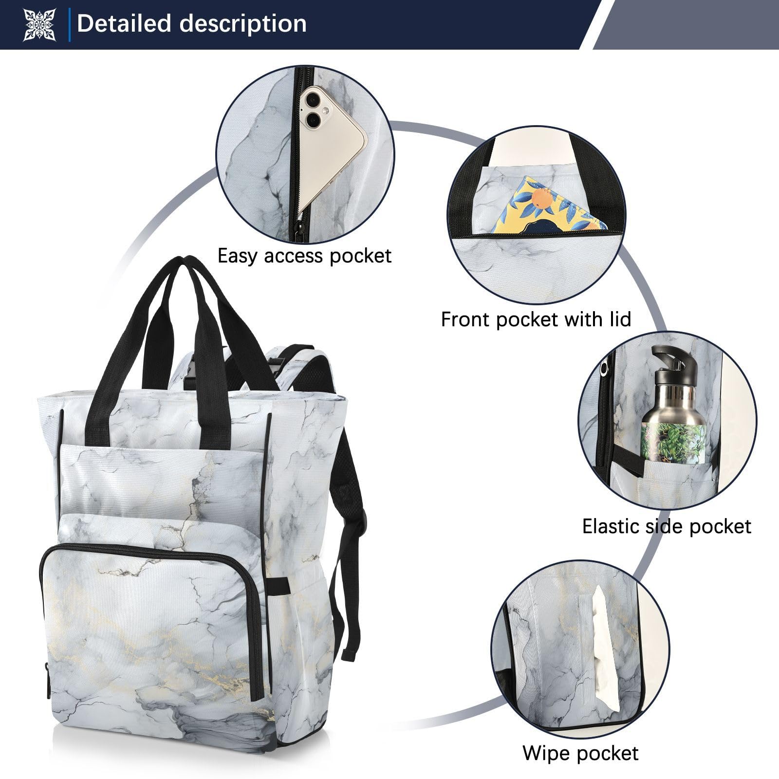 Blanco Negro MáRmol Abstracto Bolsa de Pañales Mochila de Viaje Gran Capacidad Bolsas para Mamá Papá Mujeres Niñas