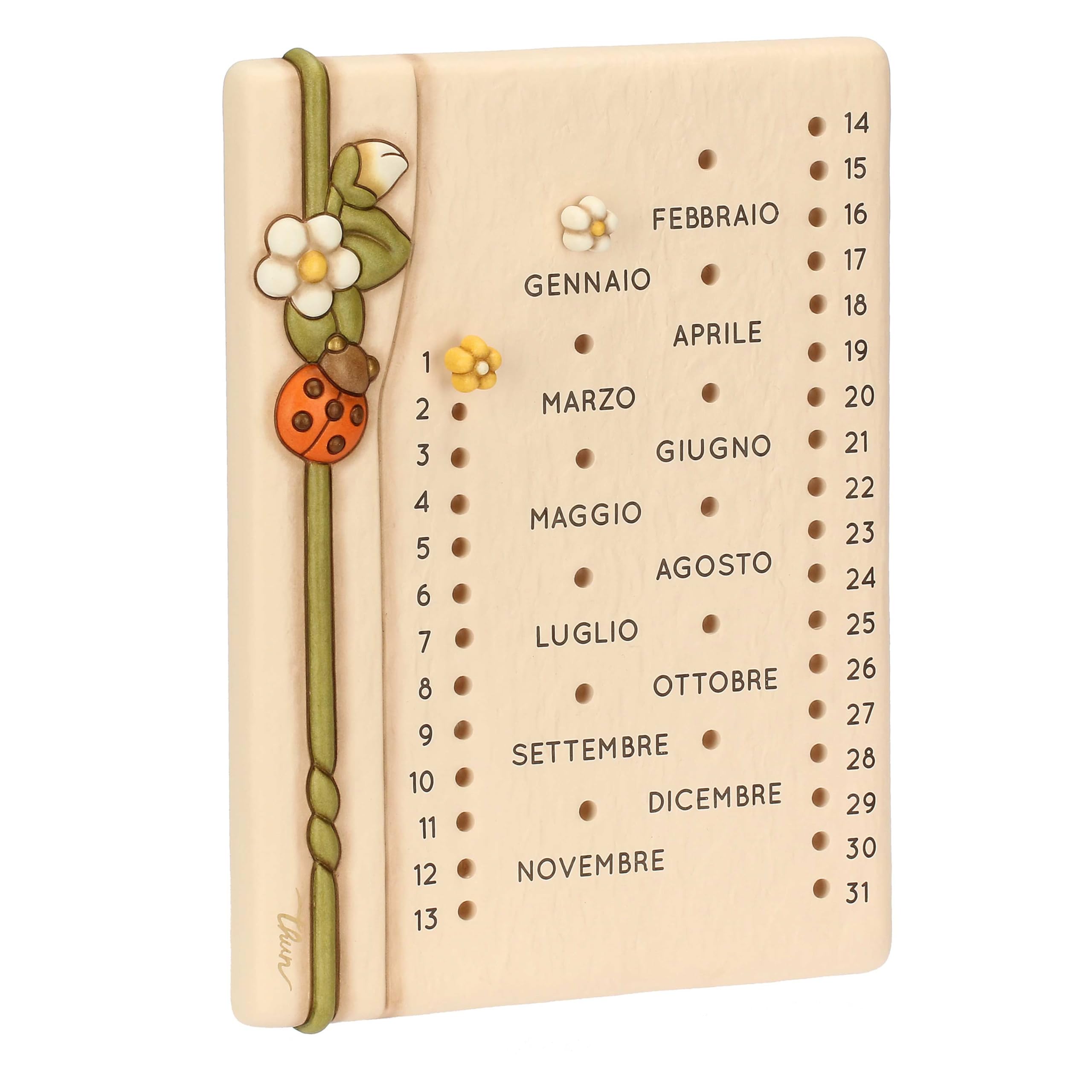 THUN Calendario da muro, Ceramica; tappini in silicone, gancio in plastica, nastro biadesivo, Collezione Country Bloom, 22 x 2,3 x 29 cm