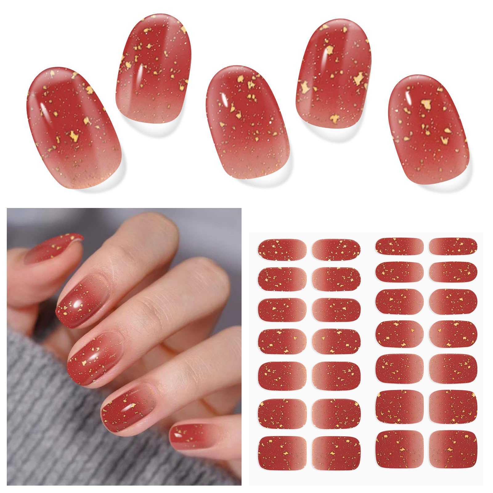 Semi Cured Gel Nail Strips, 28 pcs Gel Nails Stickers for Women Work with Any UV Lamp, Long Lasting Nail Wraps for Home DIY Nails (Gold Shard)