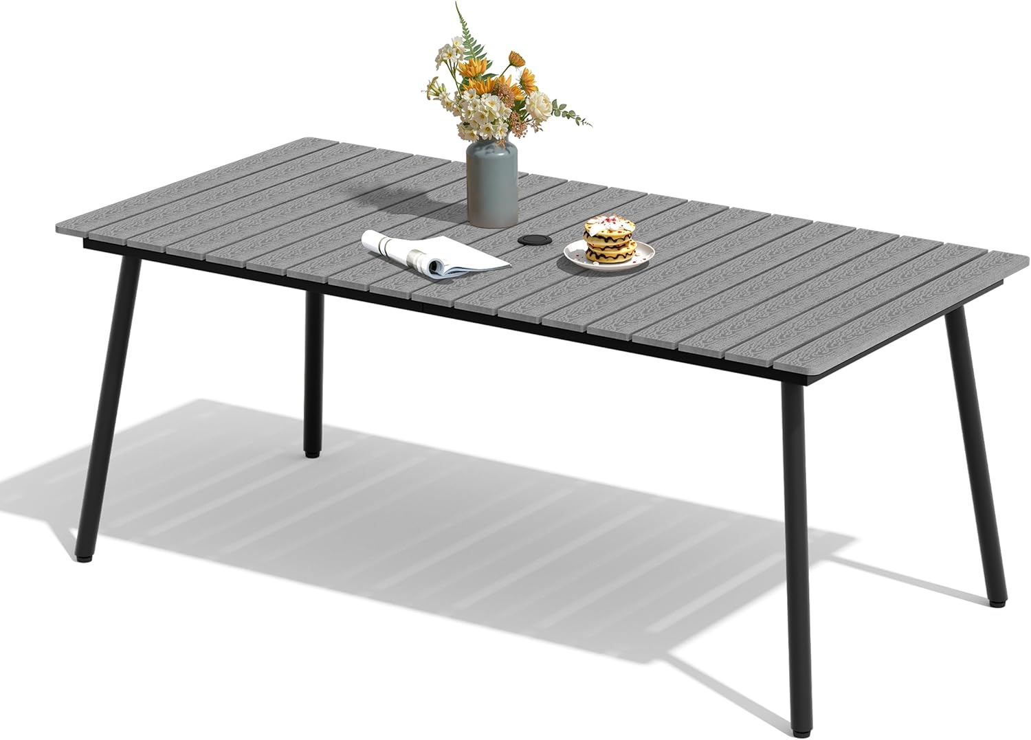 70" Patio Outdoor Dining Table for 4-6, Weather-Resistant Wood-Grain Top with Aluminum Frame & Umbrella Hole for Deck Gatherings, Brown