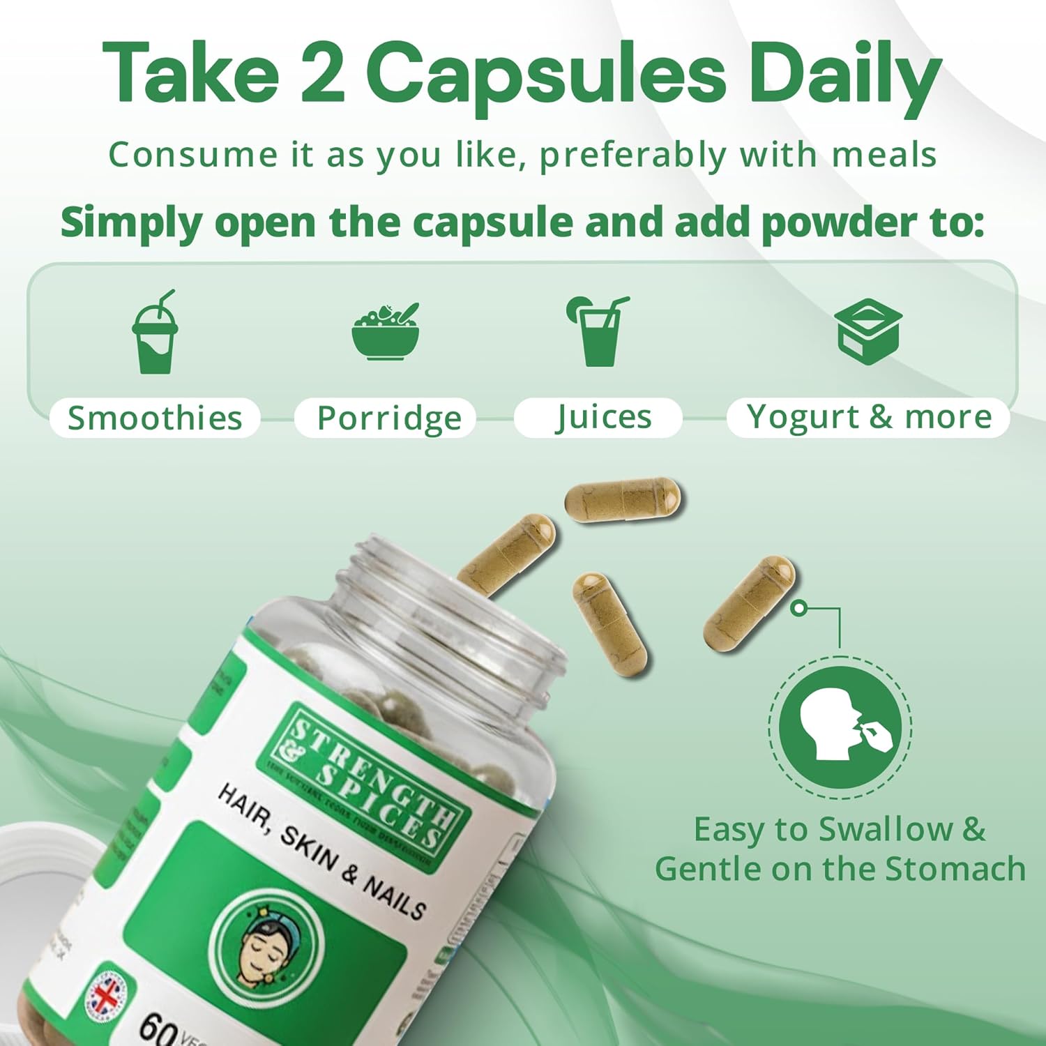 Strength & Spices Hair, Skin & Nails 100% Natural Supplement – 20 Ingredients w Biotin Selenium & Zinc - 60 Vegan UK Made 1000mg Capsules