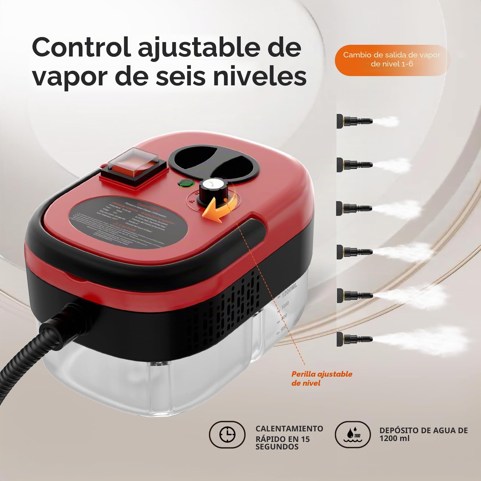 Limpiador a Vapor, Depósito de Agua de 1,2 L, Ajuste de 6 Niveles, Rojo | Calentamiento en 15s, Vaporeta Limpieza Hogar con 15 Accesorios, Vaporeta Portátil para Coche, Ventanas, Cocina, Baño