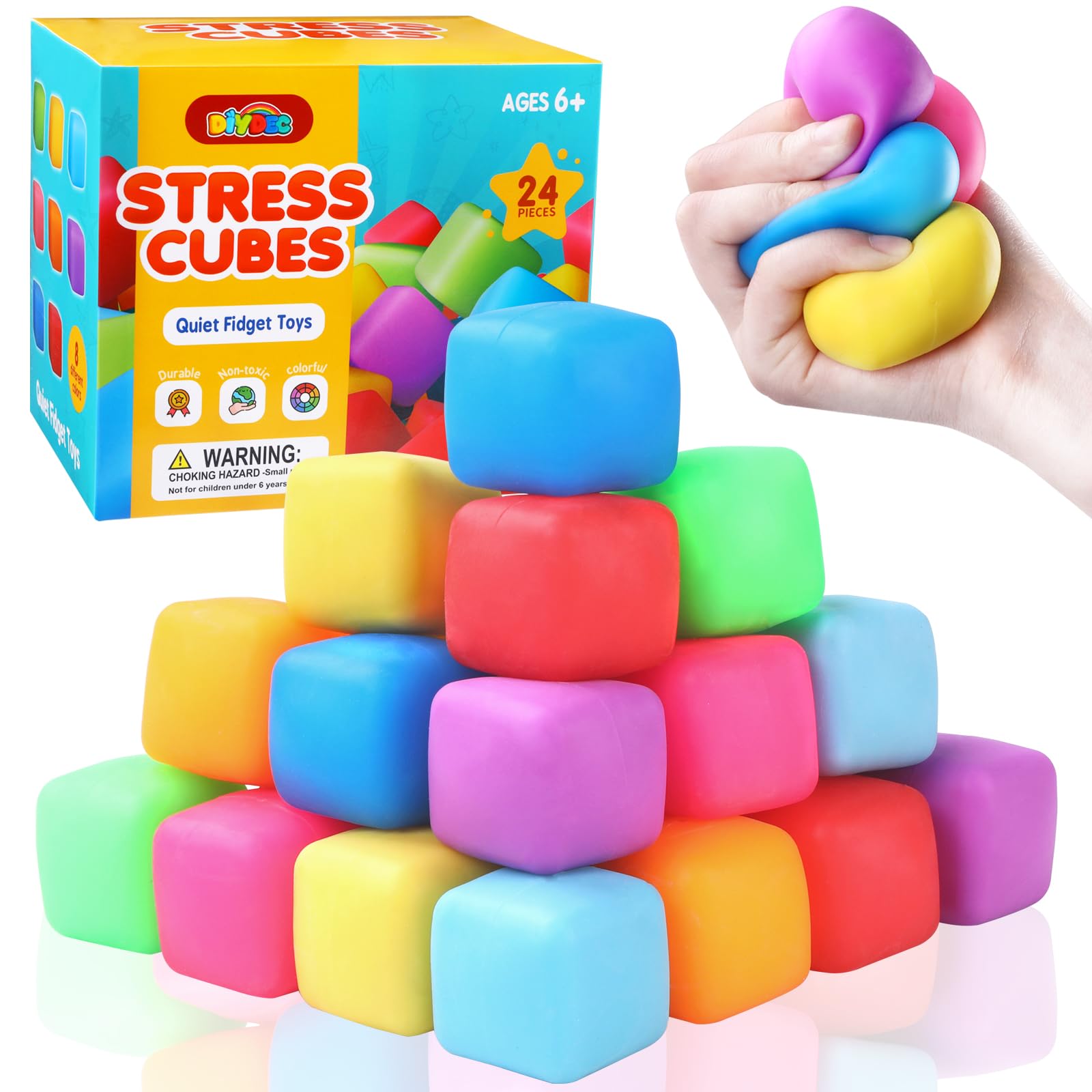 DIYDEC 24 Pcs Stress Cube Toys 8 Colors Slow Rising Stress Balls for Kids Classroom Prizes Goodie Bags Squeeze Stretch Fidget Balls for Party Favors