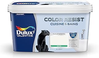 Dulux Valentine Color Resist - Peinture Intérieure Pièces Humides - Pour Murs, Plafonds, Boiseries - Lessivable et Résistante - Couleur : Blanc Satin - 2 L - 5262196