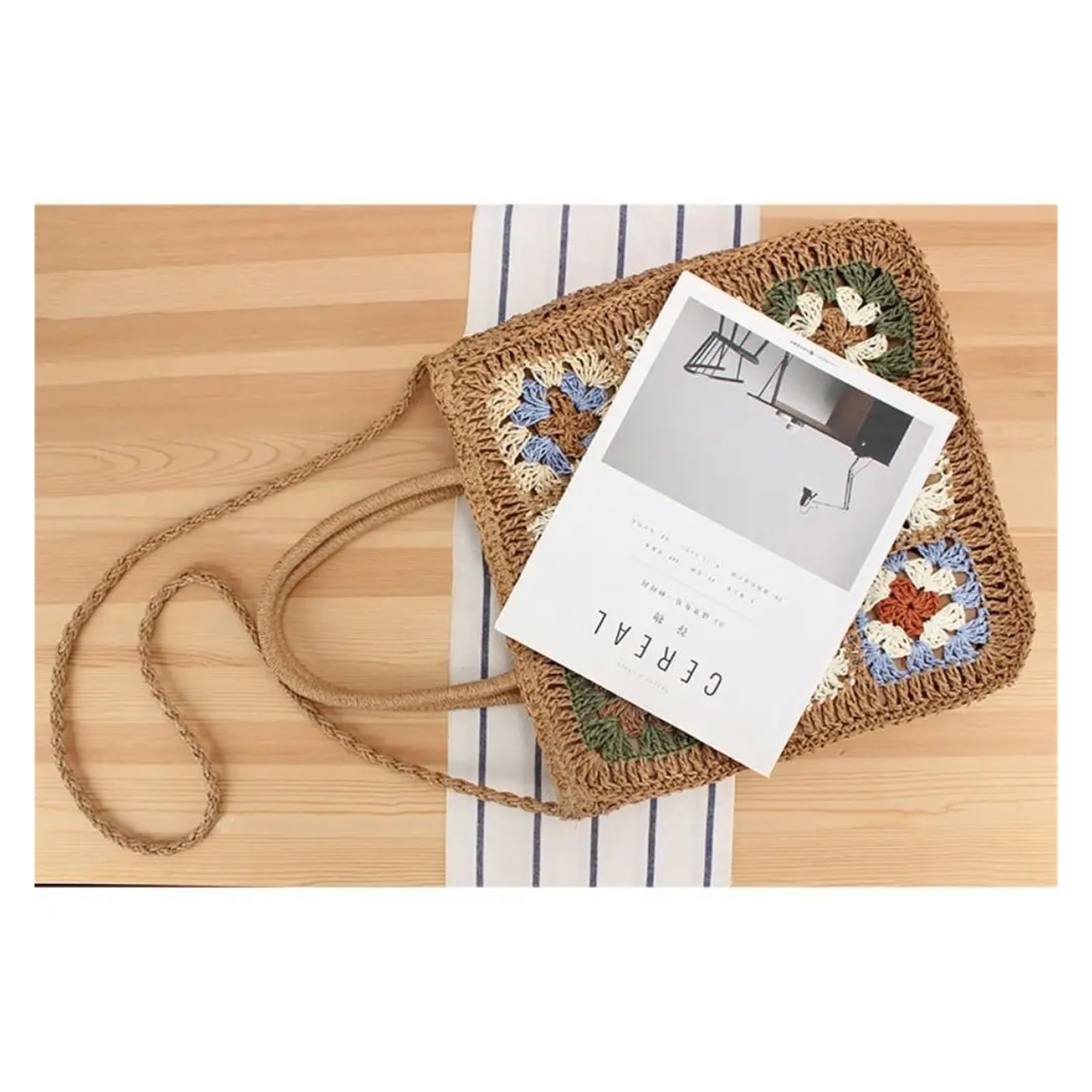 Bolso Ganchillo Flores Bolso de mano de gran capacidad tejido a mano con flores de ganchillo, bolso de paja tejido a mano, portátil