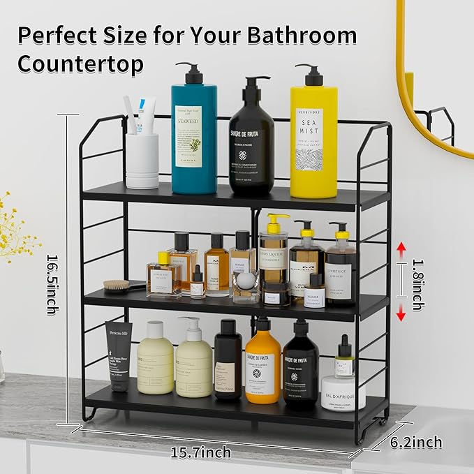 Organizador de Baño BOIVSHI de 3 Niveles, Altura Ajustable, Negro Metálico miniatura 3