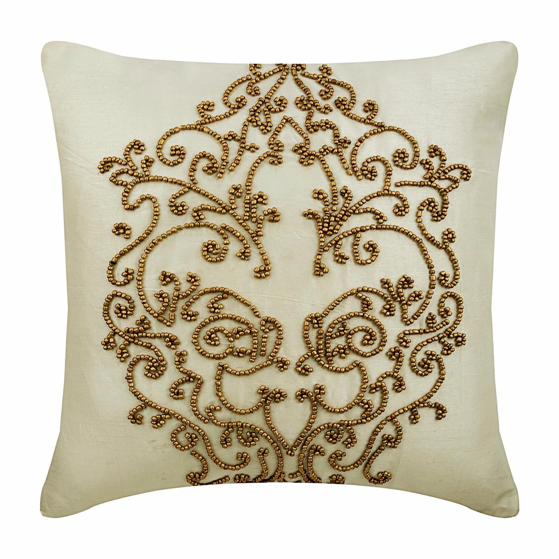 The HomeCentric Ivory & Gold Cushion Cover, 35x35 cm (14x14 inch), Square Throw, Gold Beaded Baroque Damask Silk, Wedding Decor, 1 Count โ image 1