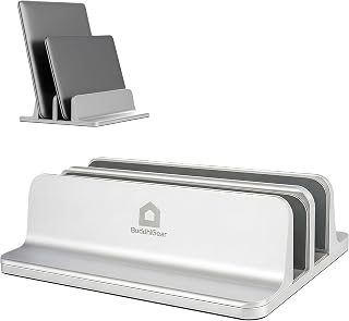 BuddhiGear Dual-Slot Aluminum Vertical Laptop Stand & Desk Organizer - Space-Saving for MacBook, Tablets & Phones, Silver Price In India