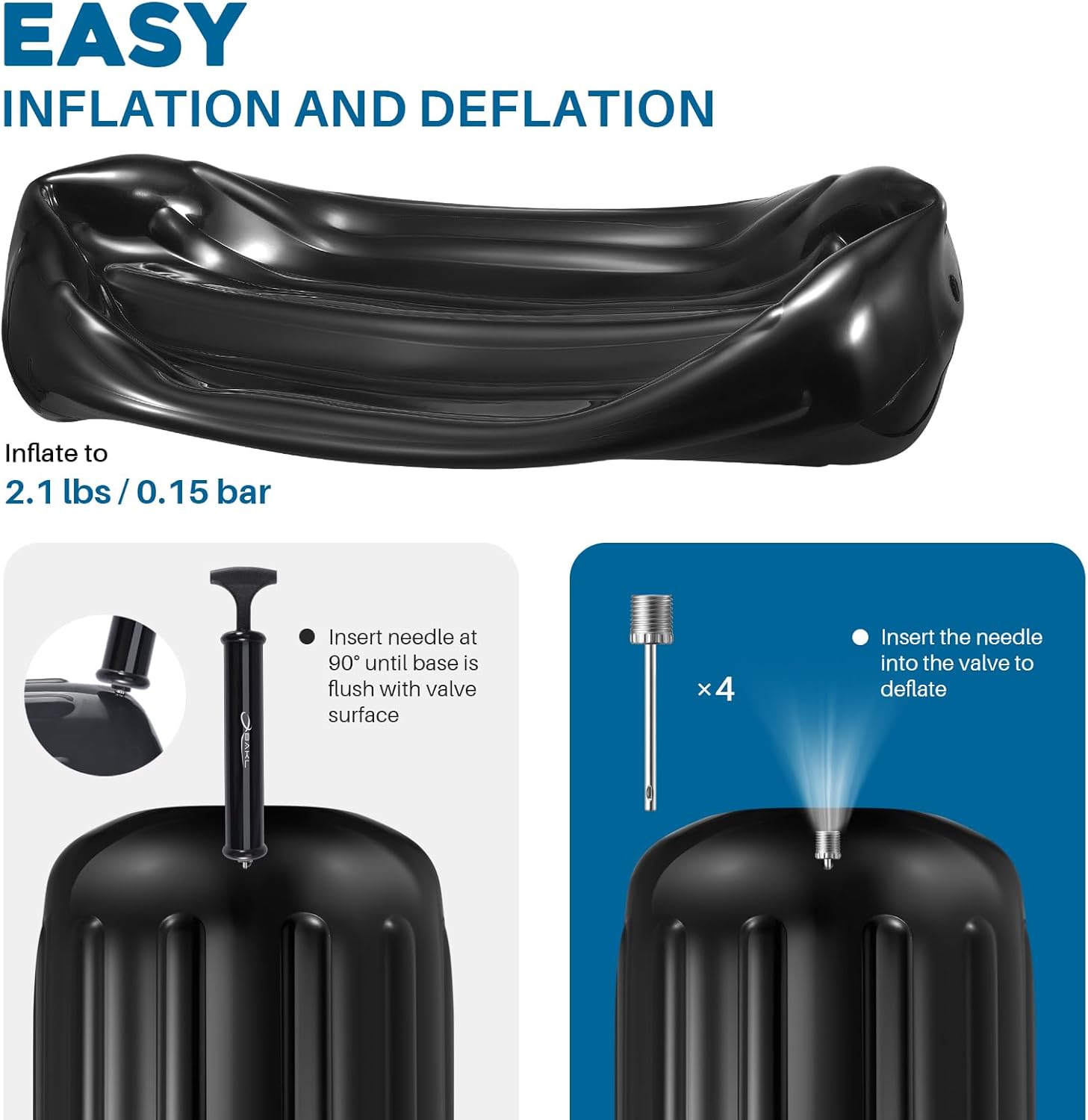 Boat Fenders 4 Pack 10 x 28 Inches Ribbed Center Hole Boat Fenders Bumpers for Docking, Comes with Ropes and Pump to Inflate