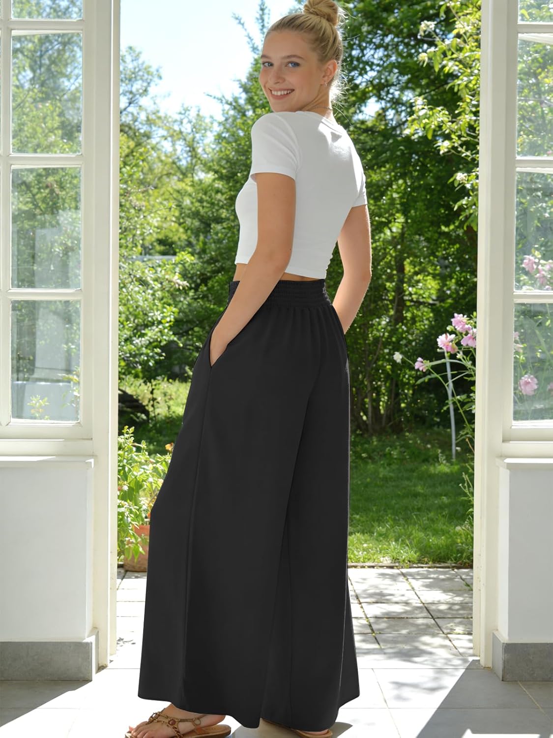 Women Linen Wide Leg Pants High Waist Boho Loose Fit Casual Beach Travel Palazzo Pants - Image 6