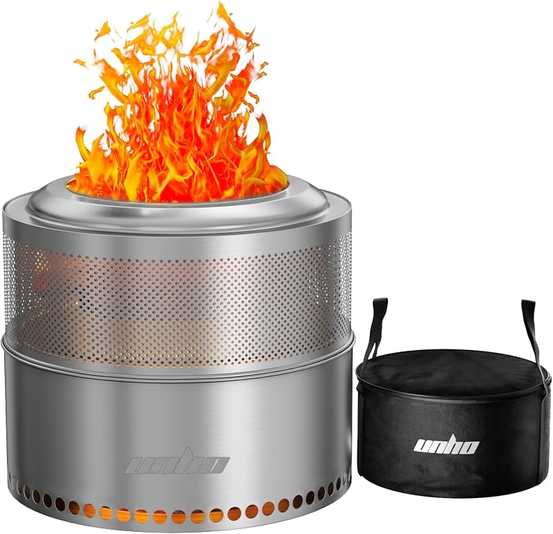 Chimenea de acero inoxidable sin humo de 20 pulgadas para estufa de leña exterior | Pozo de fuego portátil para exteriores de acero inoxidable sin humo para patio trasero, jardín, Picnic, hoguera exterior