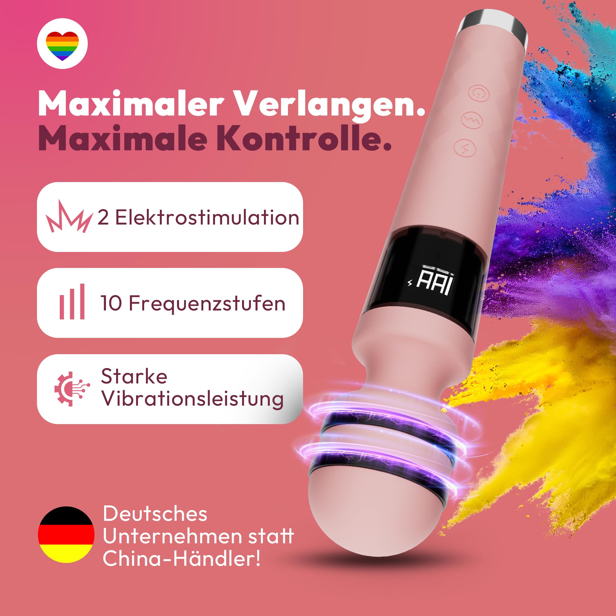 Magic Wand Vibrator – Massagestab für Frauen & Paare, mit 5 E-Stim-Stufen & 10 Vibrationsmodi, kabellos, Silikonkopf, leise & wasserabweisend, 24 cm