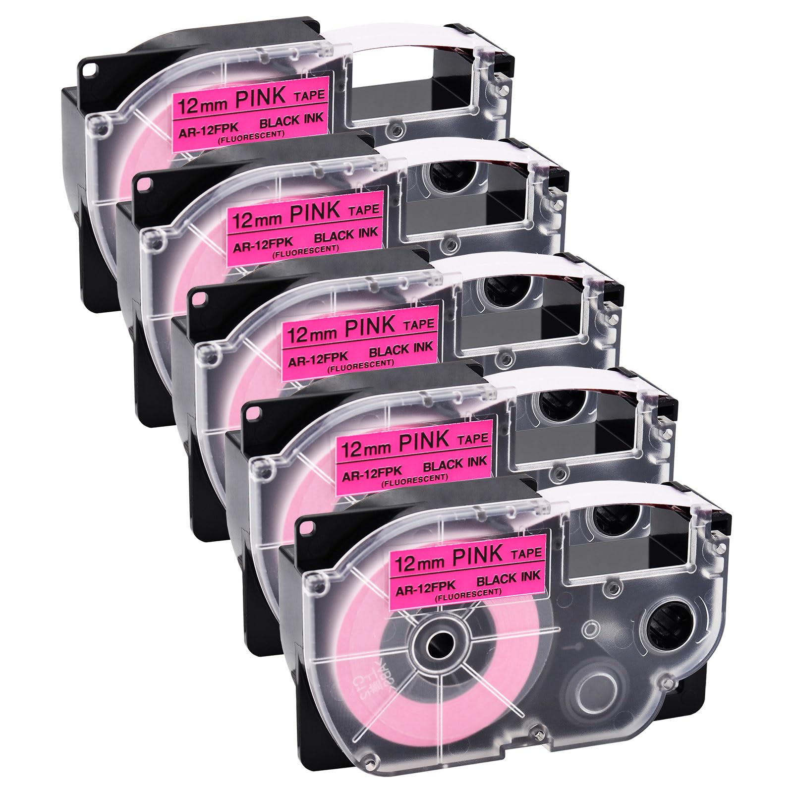 NineLeaf Ersatz für Casio EZ Etikettenband XR12FPK XR-12FPK AR12FPK XR-12FPK2S 12mm x 5m Schwarz auf Fluoreszierend Rosa Bänder für KL-60 KL-120 KL-100 KL-750 KL-780 KL-1500 Beschriftungsgerät, 5PK