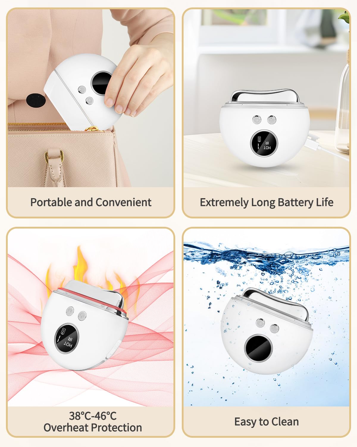 EMS Gua Sha Gesichtsmassagegerät, 4-in-1 Mikrostrom, Wärme & LED Lichttherapie (Rot, Lila, Blau), 9 Intensitätsstufen für Straffere Haut, Anti-Aging Schwellungen Elektrischer Face Lifter