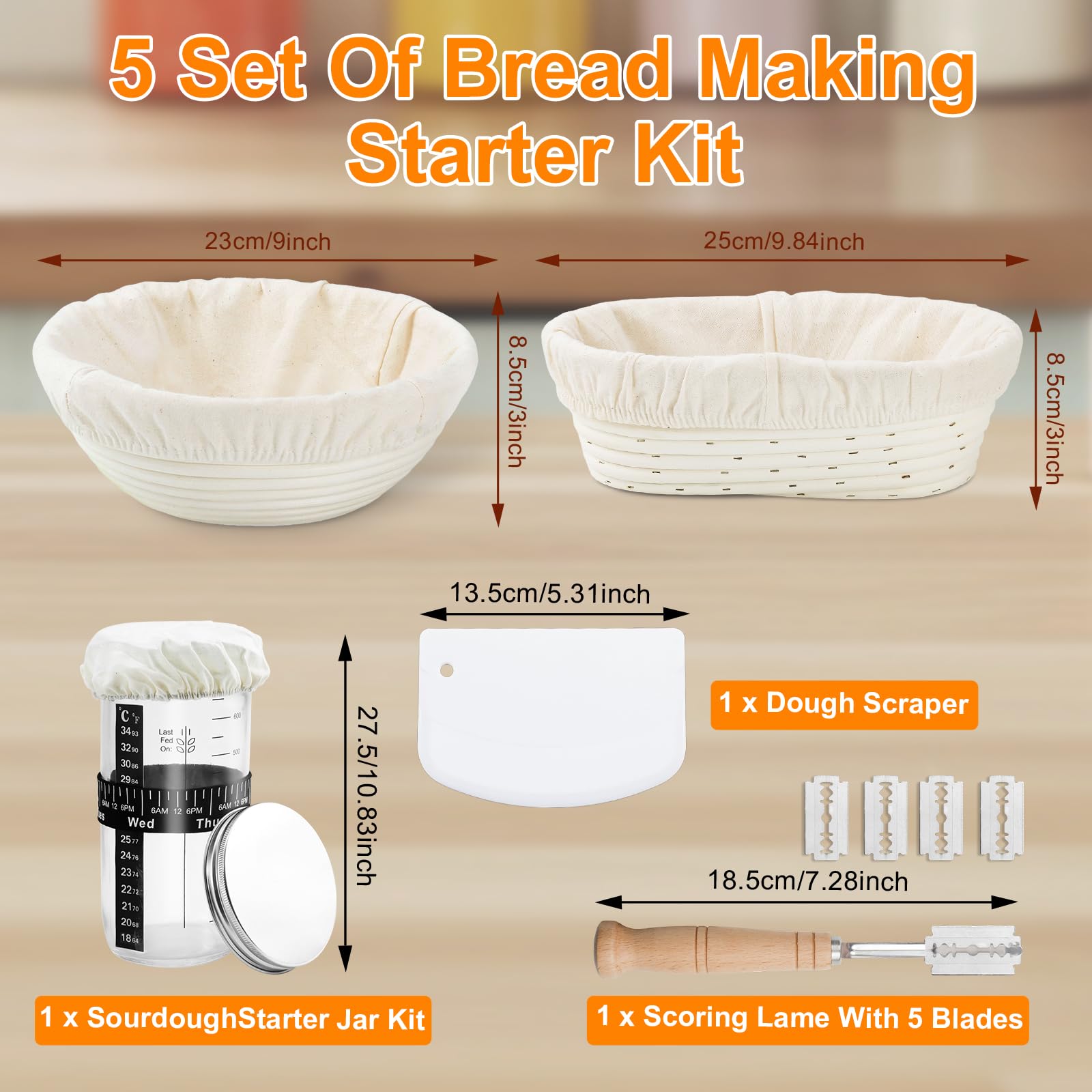 Kit Completo para Masa Madre,Cesta de Pan De Levadura De 2 Pcs Con Forro,Eslinga De Pan De Silicona,Tarro De Levadura,Amasadora,Cepillo De Silicona,Rascador de Cuenco,Juego Rascadores de Masa(B)
